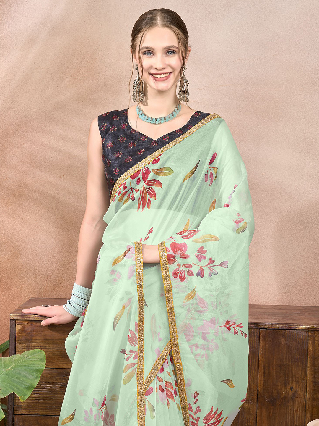Sangria Abstract Printed Embroidered Indie Florals Organza Saree With Unstitched Blouse