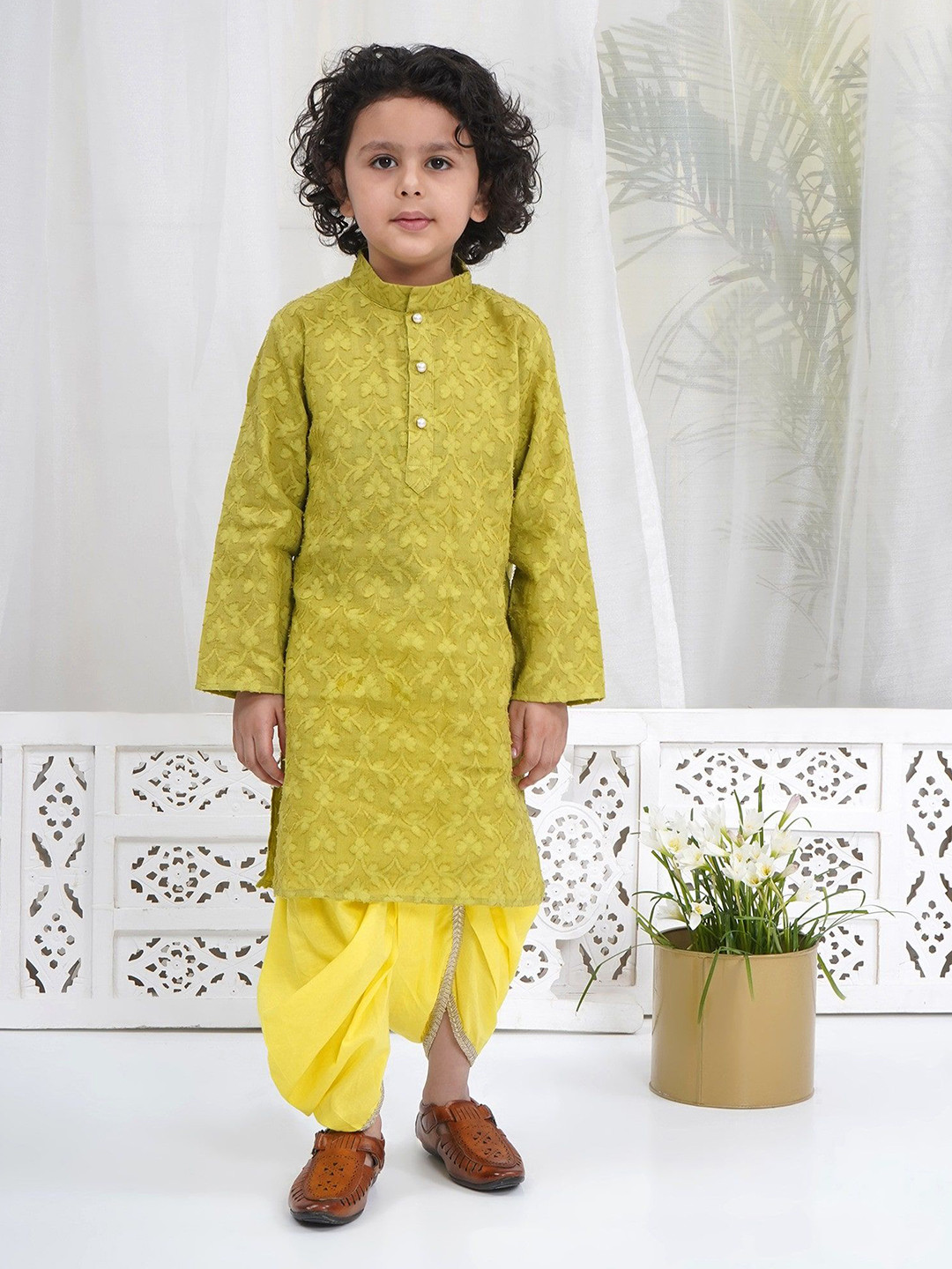Little Bansi Boys Cotton Full Sleeves Self Weaving Green Kurta with Dhoti