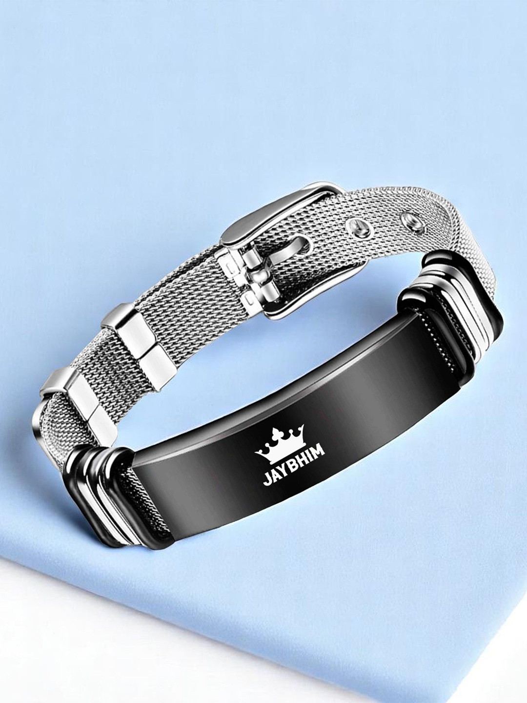 M Men Style Silver-Plated Stainless Steel Mesh Jay Bhim Printed Wraparound Bracelet