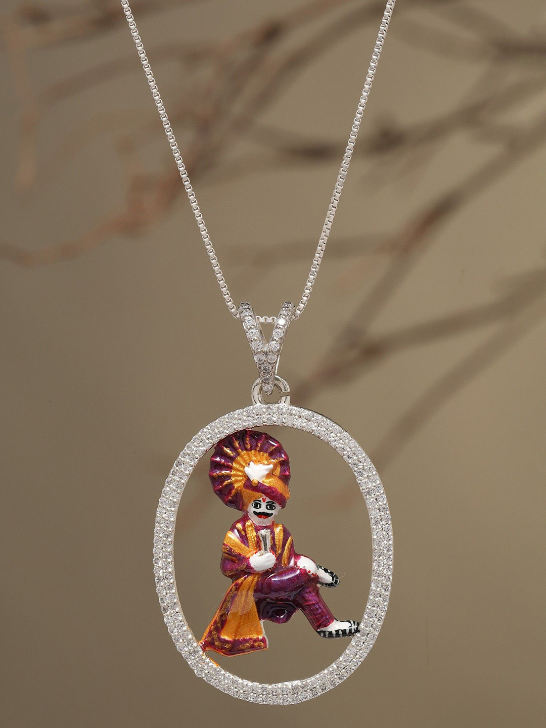 Exotic India 925 Sterling Silver Artificial Stone Studded Enamelled Mama Dev Pendant