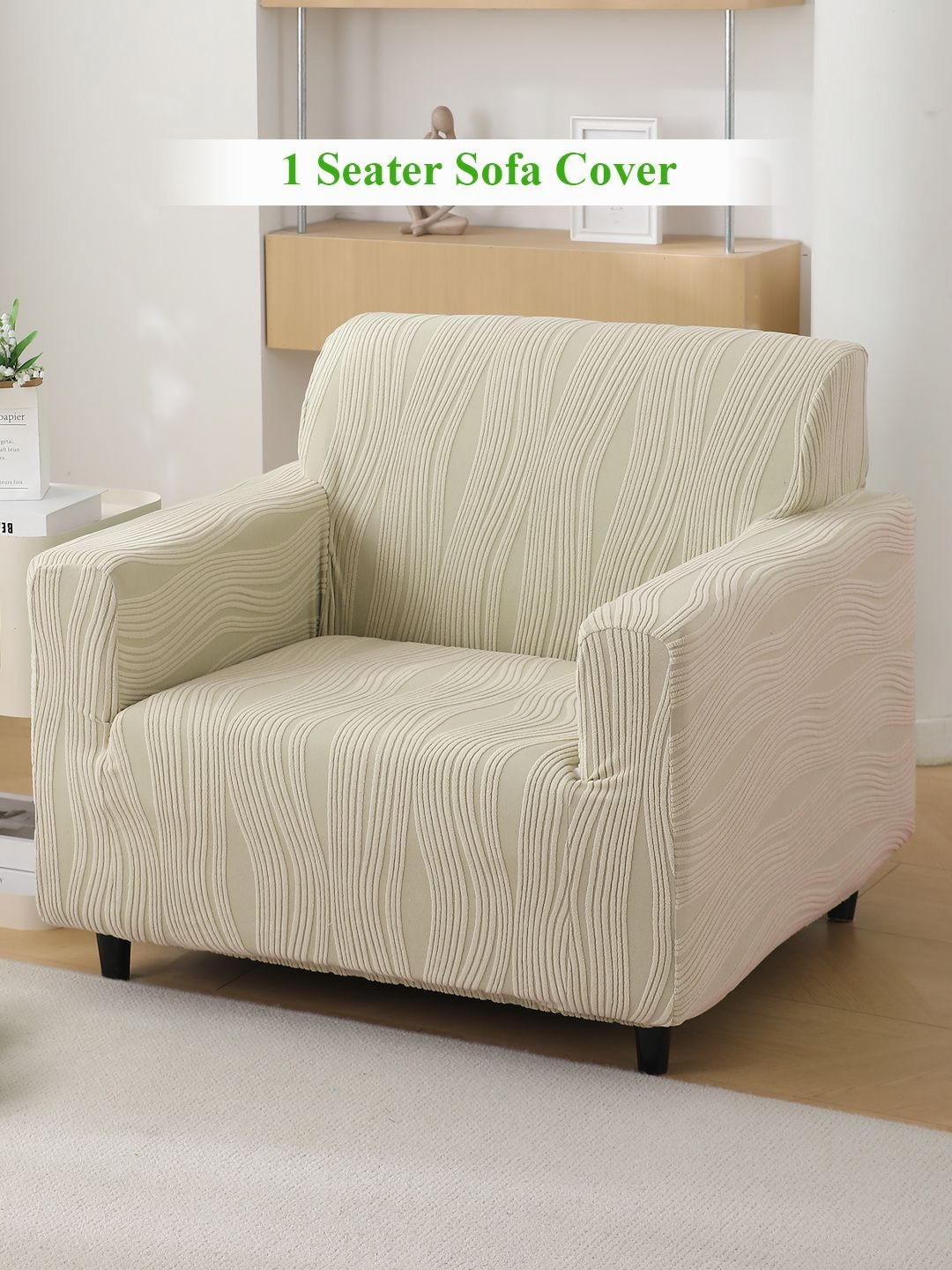 HOKIPO Skimmed Cream Knitting Jacquard 1 Seater Fully Covered Sofa Cover