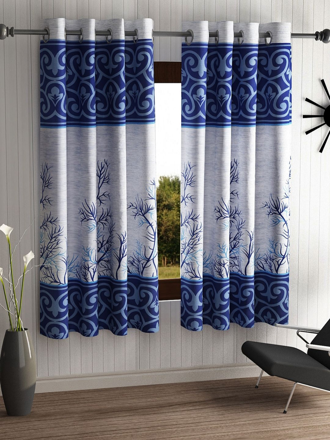 Aura Blue & Grey 2 Pieces Floral Window Curtains