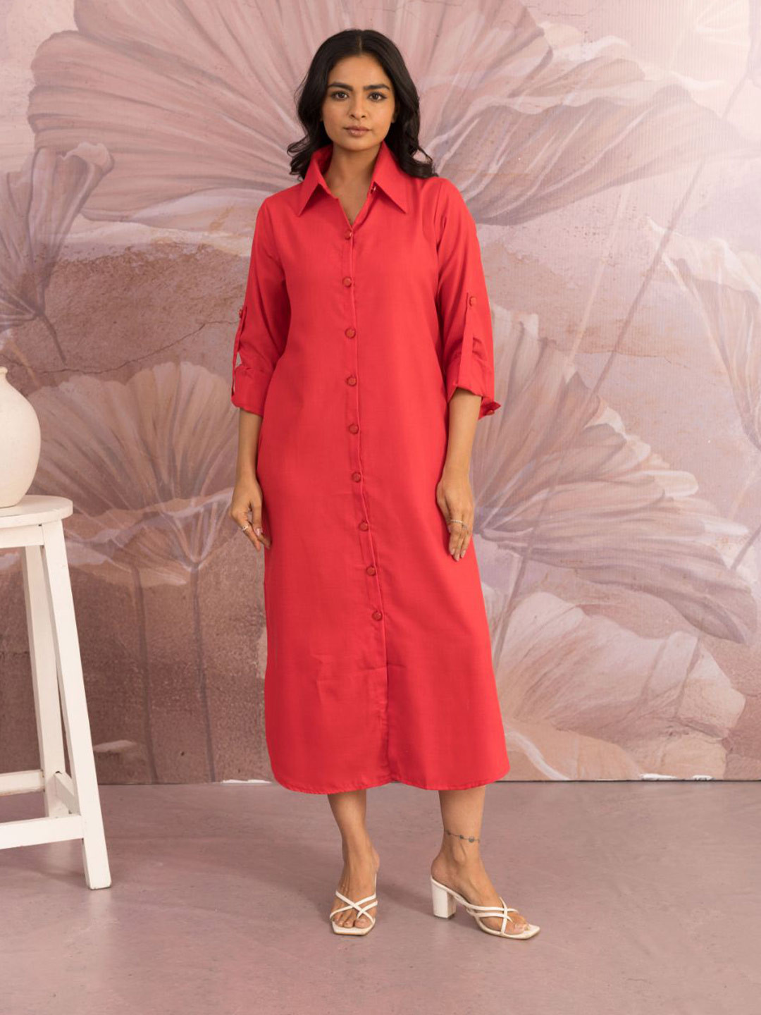 MAAND Women Solid Orange Roll-Up Sleeves A-Line Midi Dress
