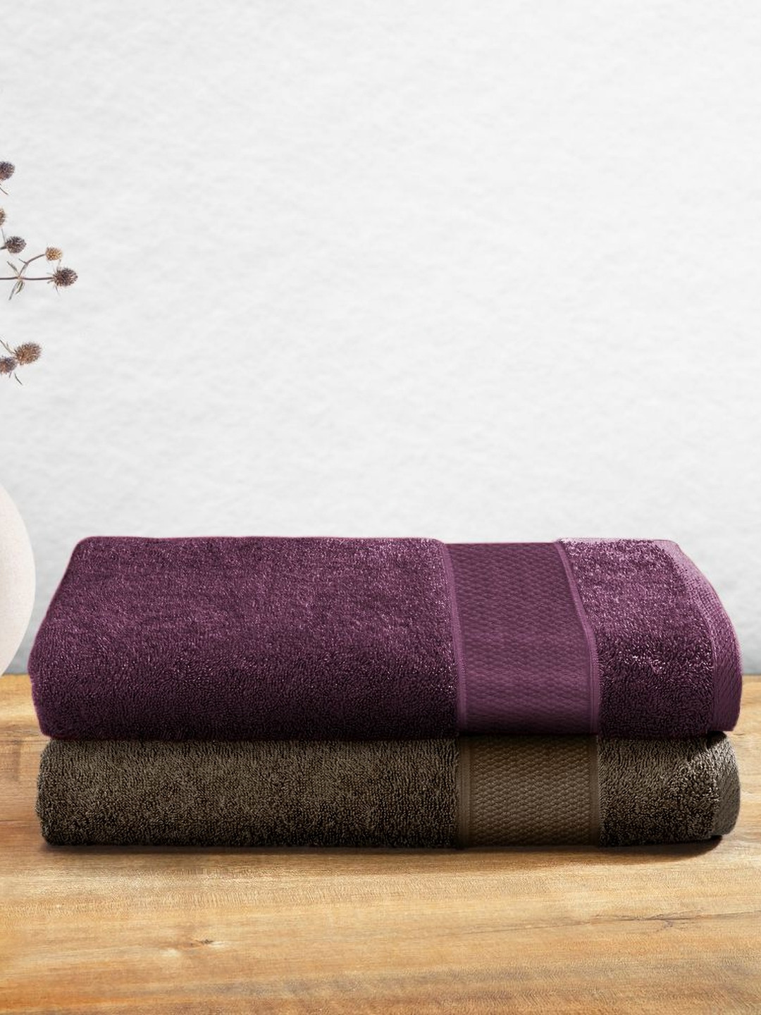 wakefit Burgundy & Olive 2 Pieces Pure Cotton 500 GSM Bath Towels