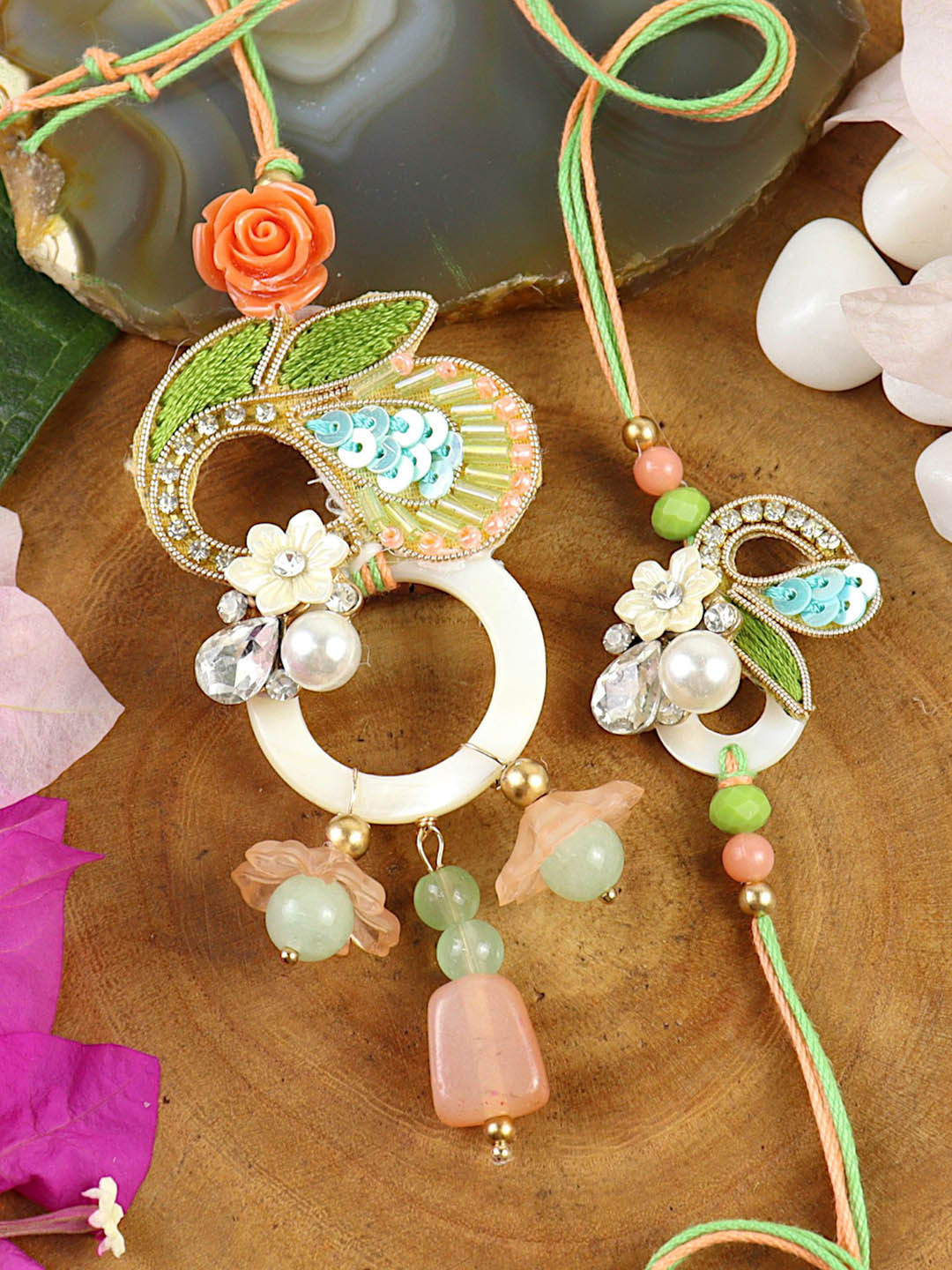 Asthetika Embroidered Butti Bhaiya Bhabhi Rakhi Pair with Roli Chawal