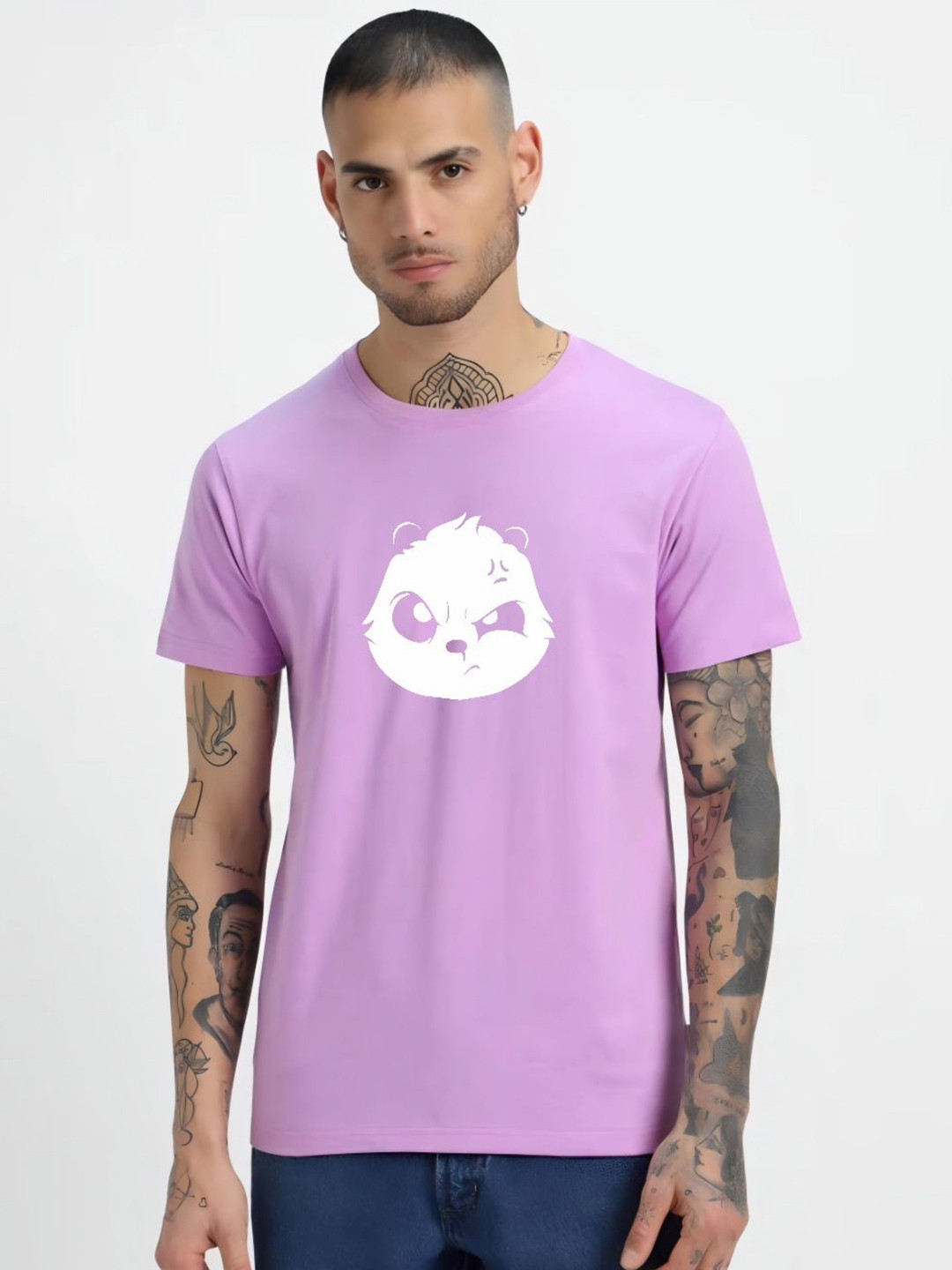 Lavender Graphic Panda Round Neck Regular Fit Cotton T-shirt