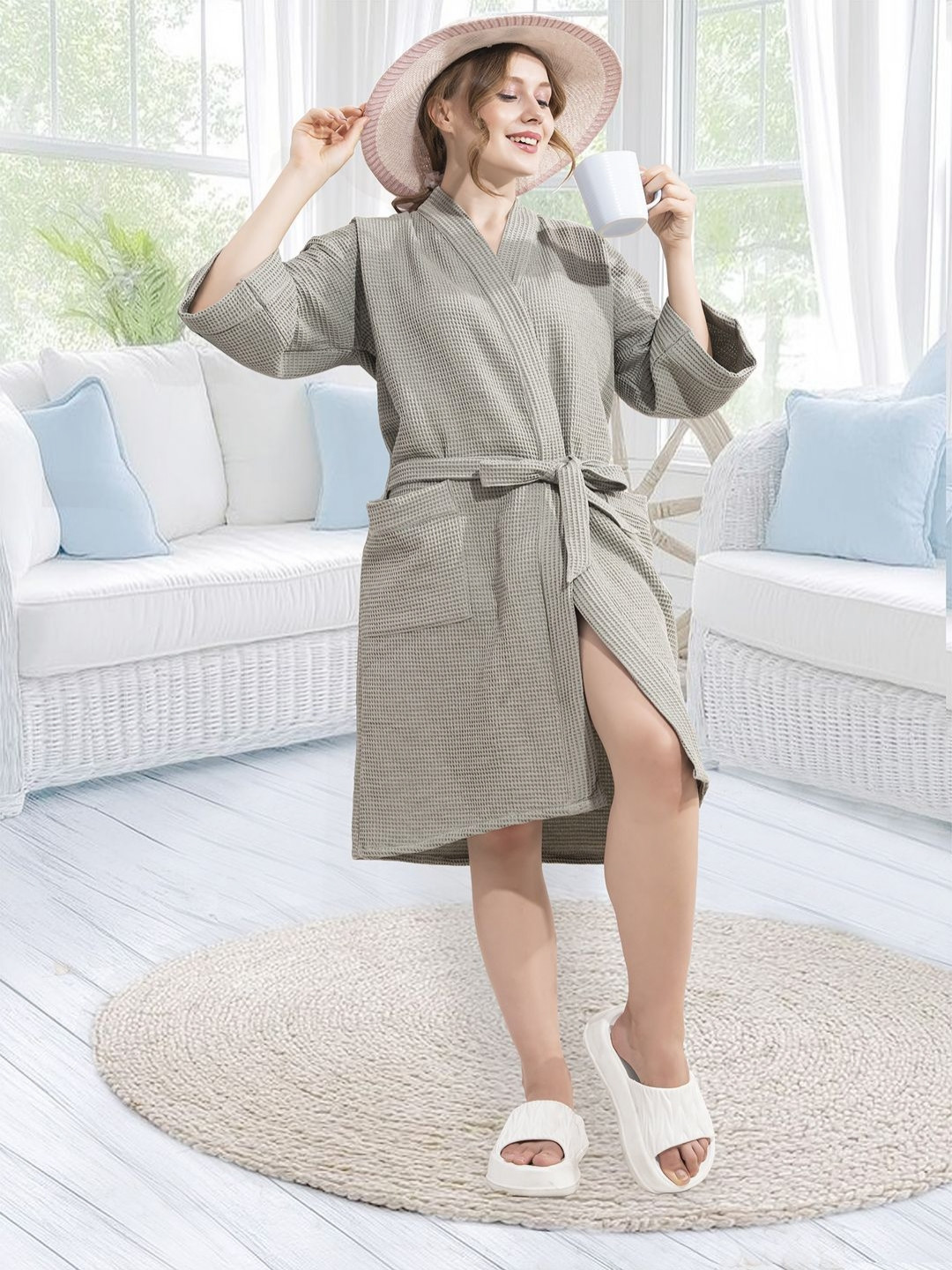 HotGown Olive Green Textured Pure Cotton Waffle Bathrobe