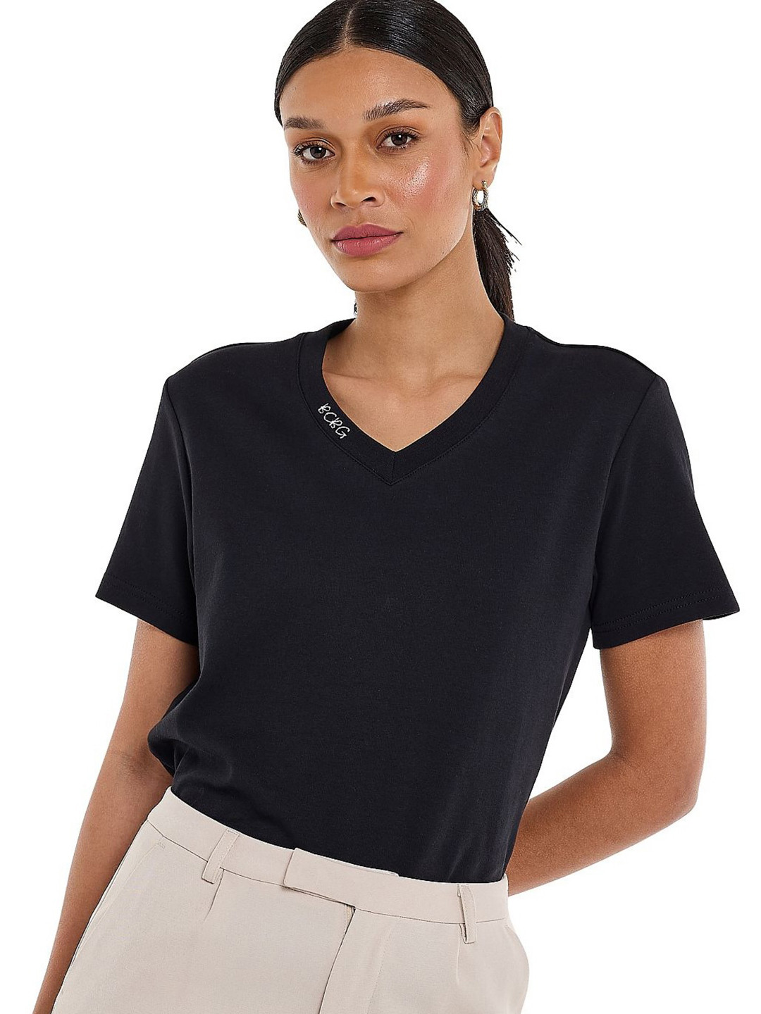 BCBG V-Neck Relaxed Fit Pure Cotton T-shirt