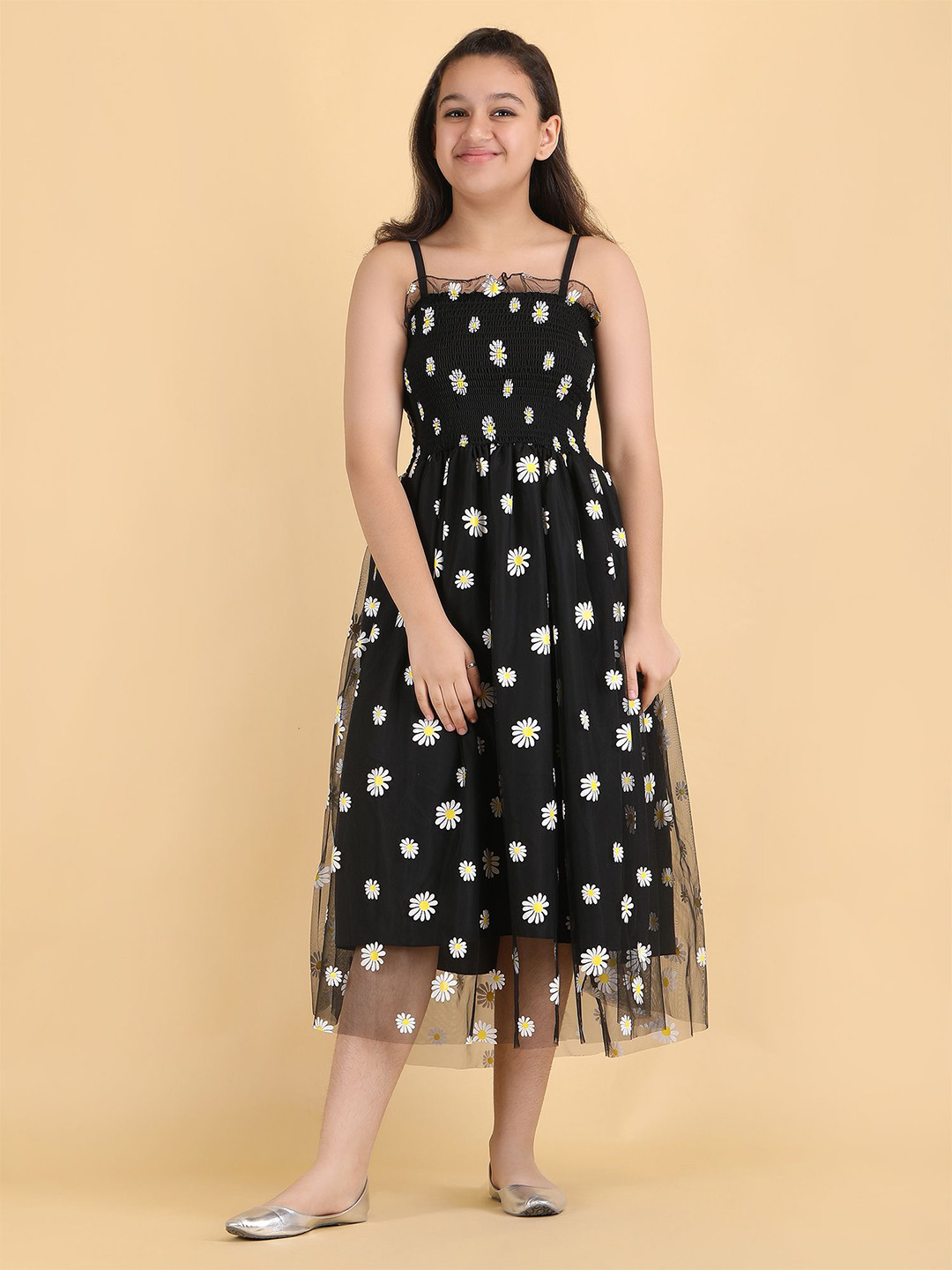 STARWORD Girls Floral Print Net Fit & Flare Midi Dress