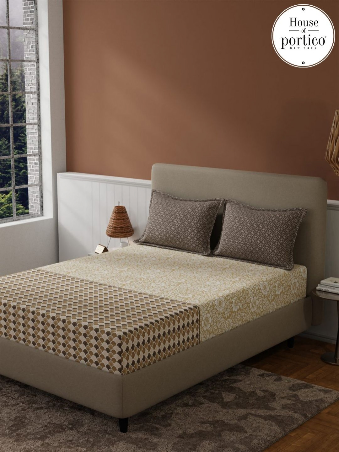 Bichauna Beige & Brown Ethnic Motifs Printed 120 TC Single Bedsheet Set 2.24 m x 2.40 m