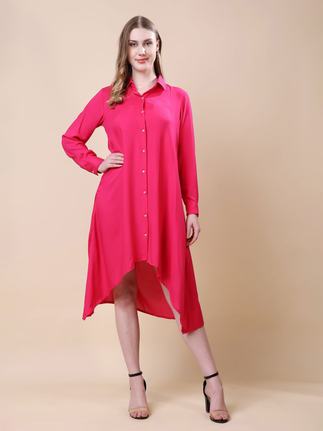 MODA-Q Women Shirt Collar Cuffed Sleeves A-Line Midi Dress