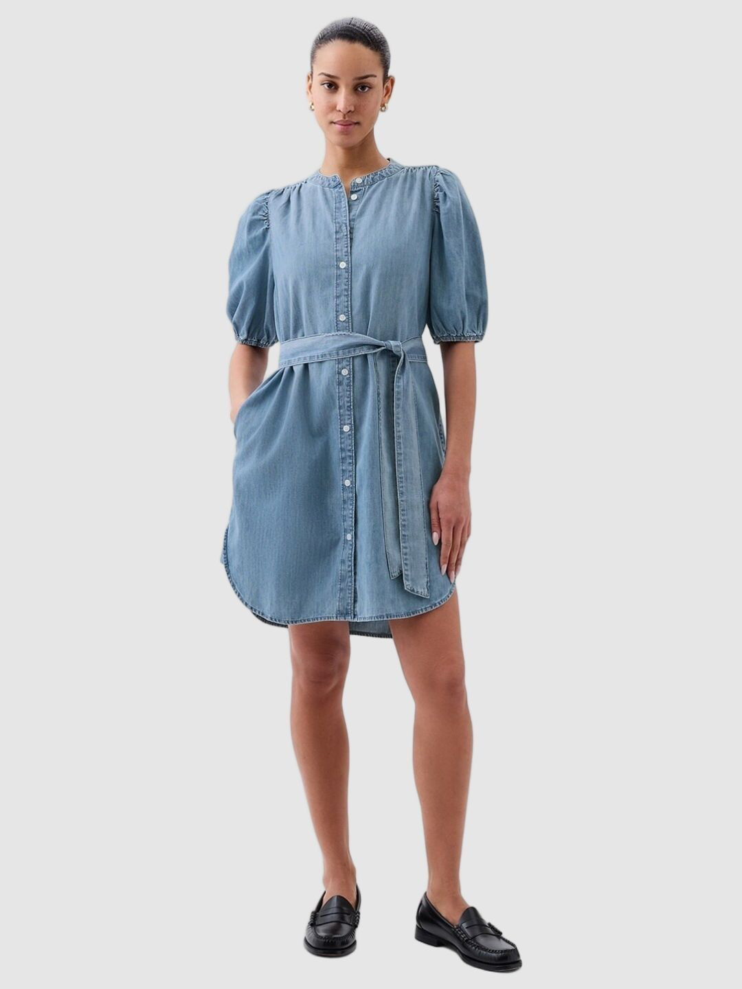 GAP Women Mandarin Collar Puff Sleeves Pure Cotton Midi Shirt Mini Dress