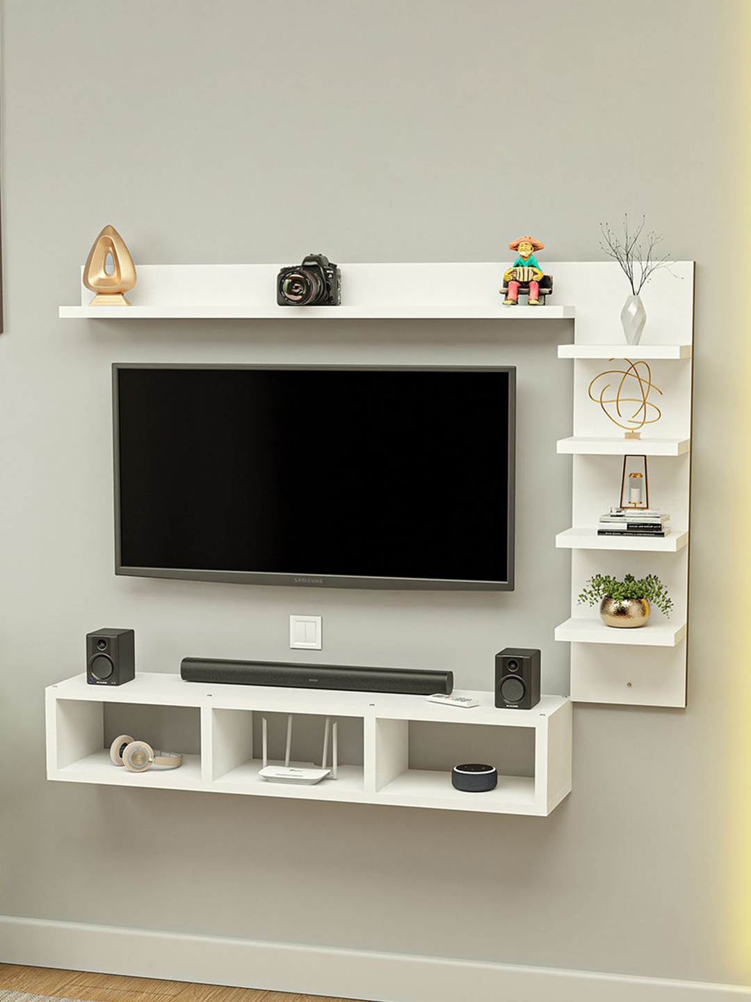 Kuber Industries White Wall Shelves Tv Cabinet Set Top Box Wall Stand