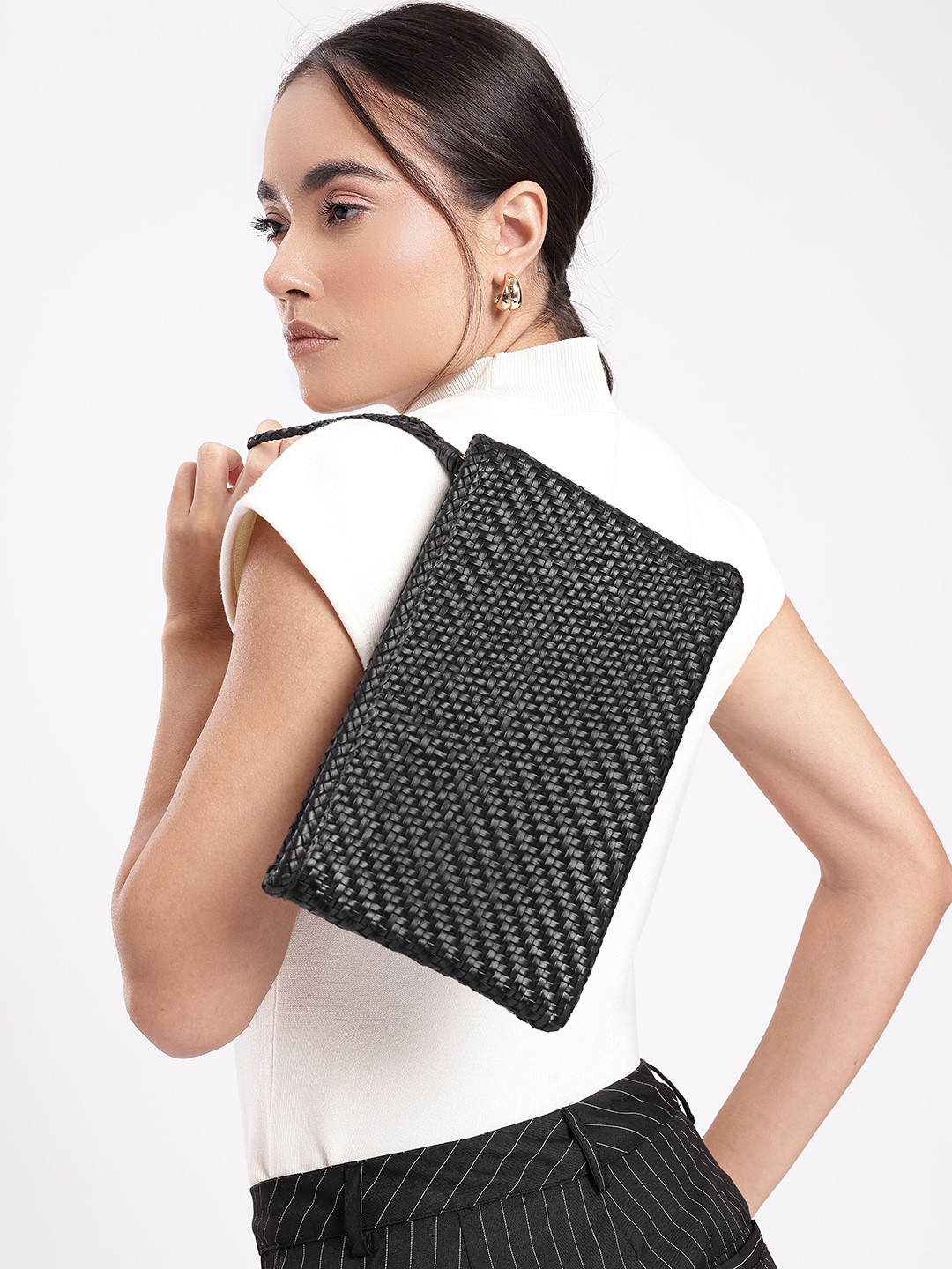 MANGO Leather Braided Textured Purse with Wrist Loop