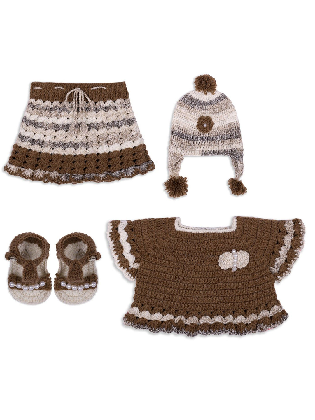 Clothes Shop Girls Self Design Crochet Woollen Dress With Skirt & Cap & Shoes