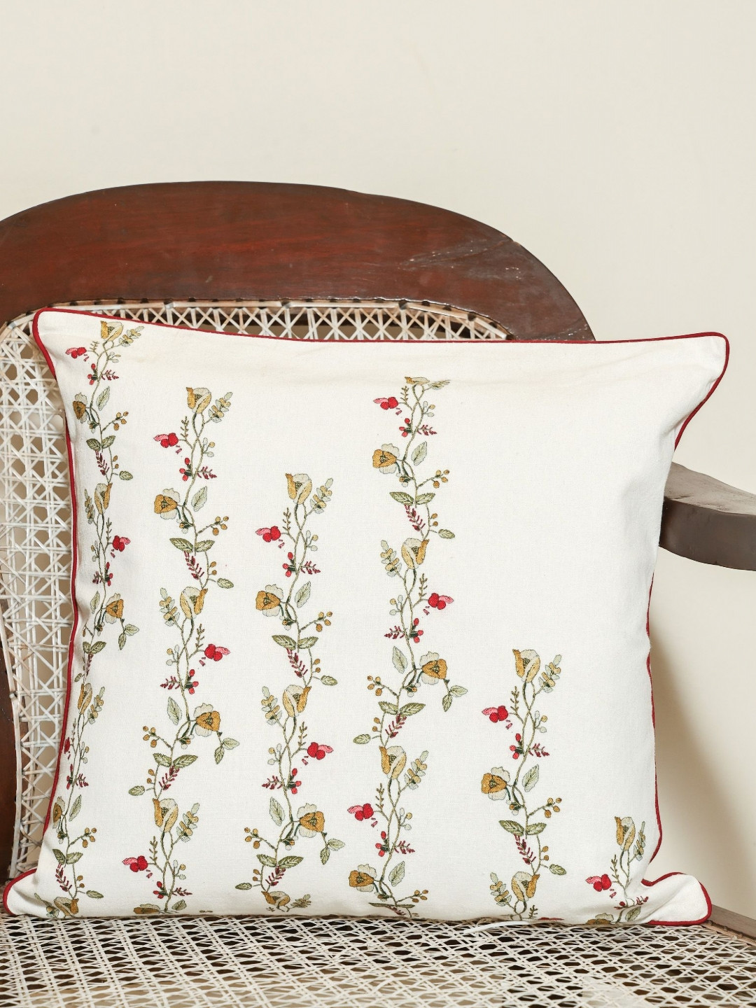 Sangria  Meadow Bloom White & Green Floral Cotton Square Cushion Cover