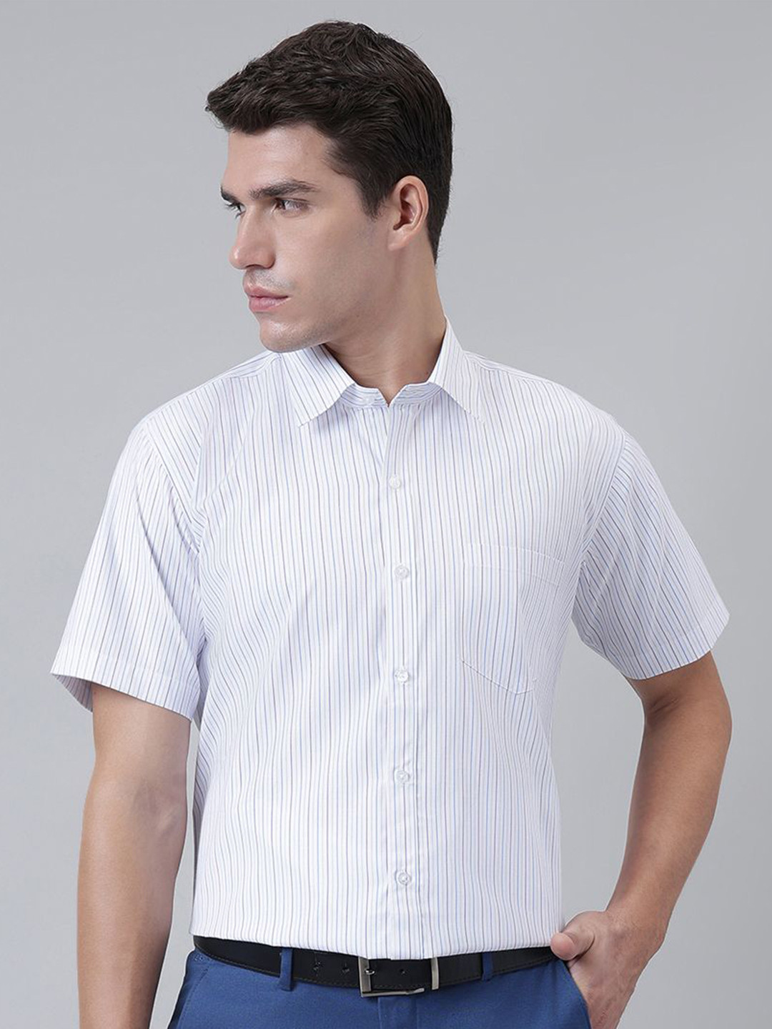 ACCOX Comfort Vertical Striped Short Sleeves Cotton Formal Shirt