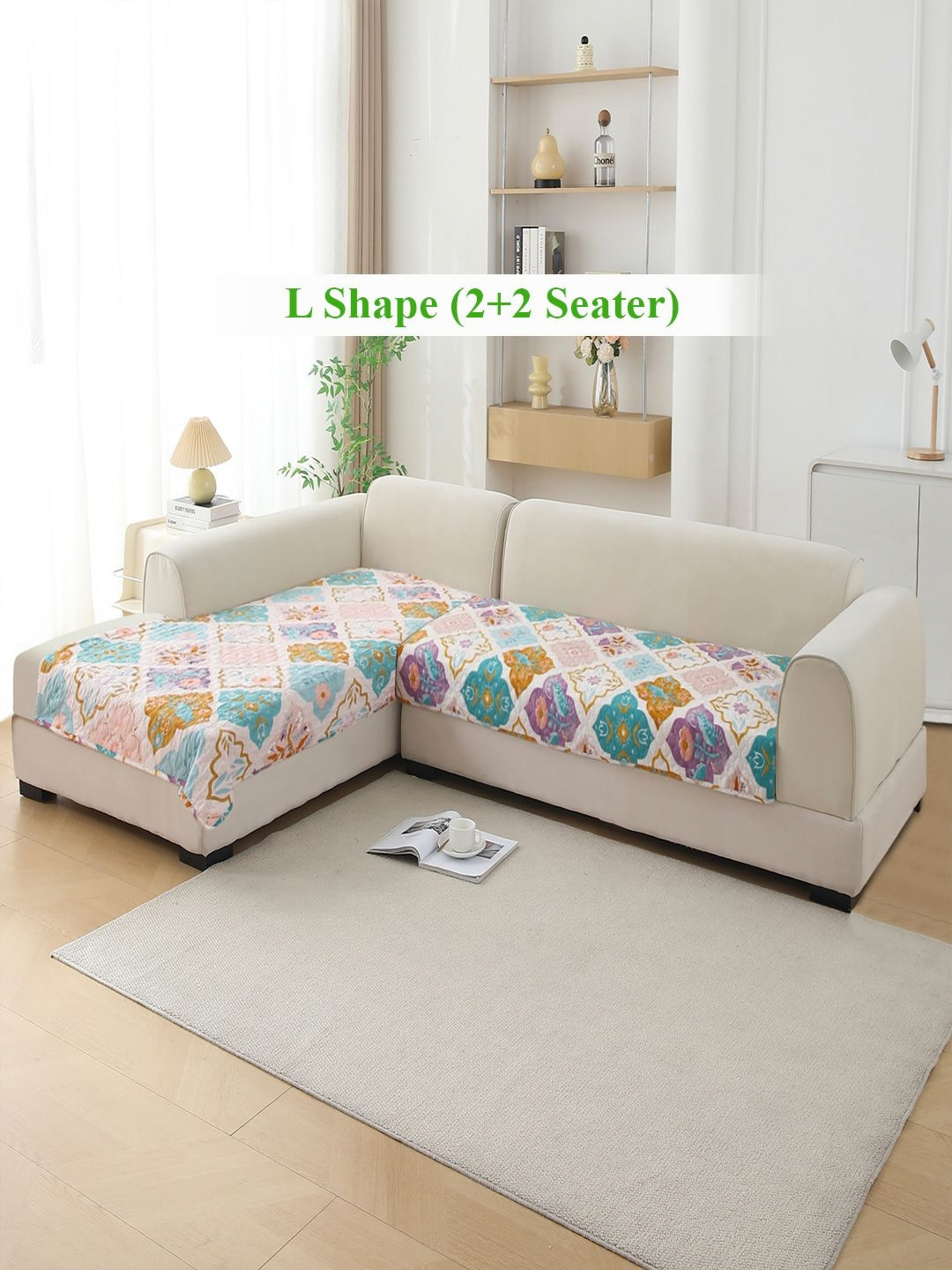 HOKIPO L Shape Quilted Printed Quatrefoil Multicolor Sofa Cover Mat