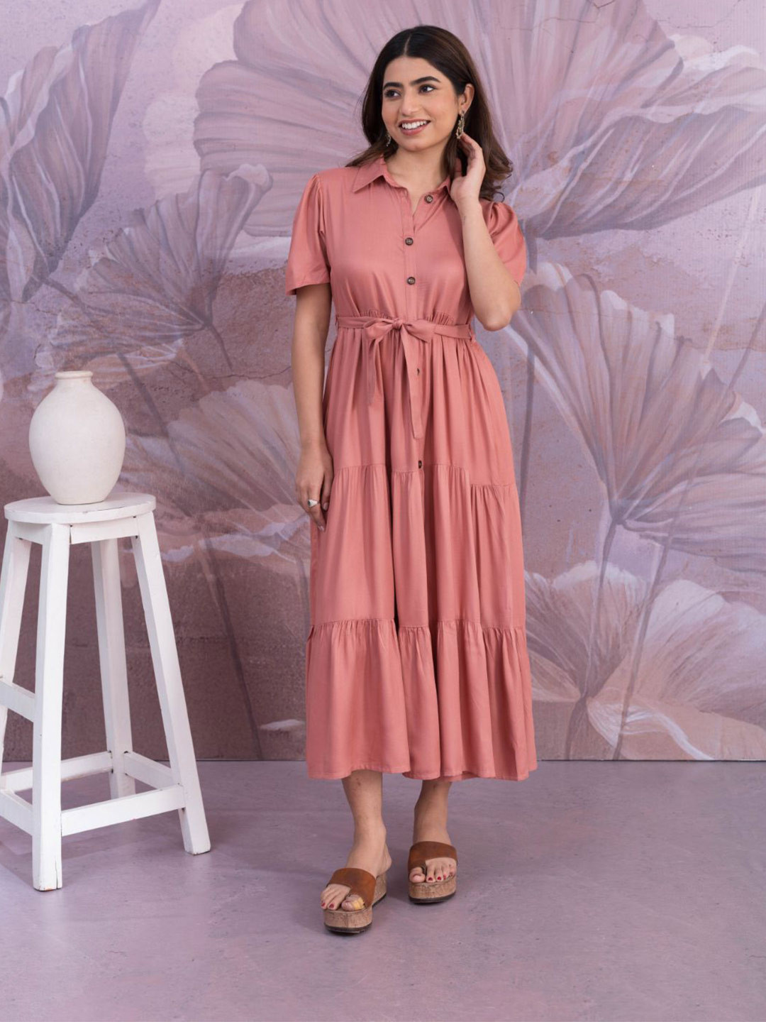MAAND Women Tiered Belted Shirt Midi Dress