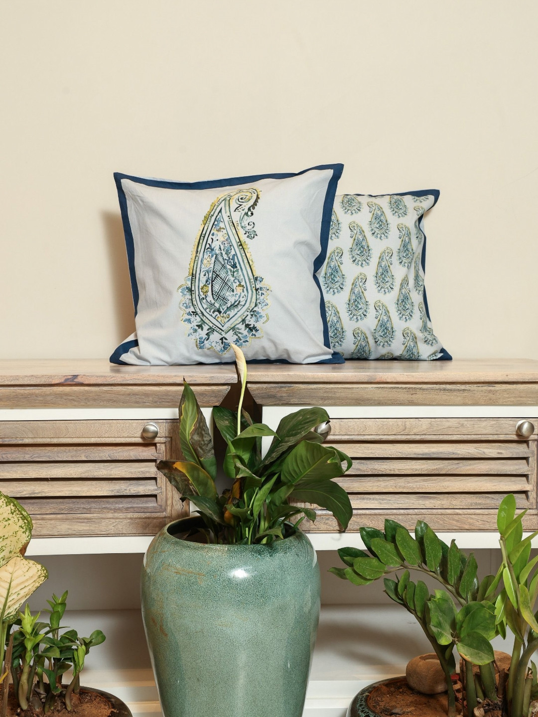 Sangria  Verdant Harmony White 2 Pieces Ethnic Cotton Square Cushion Covers