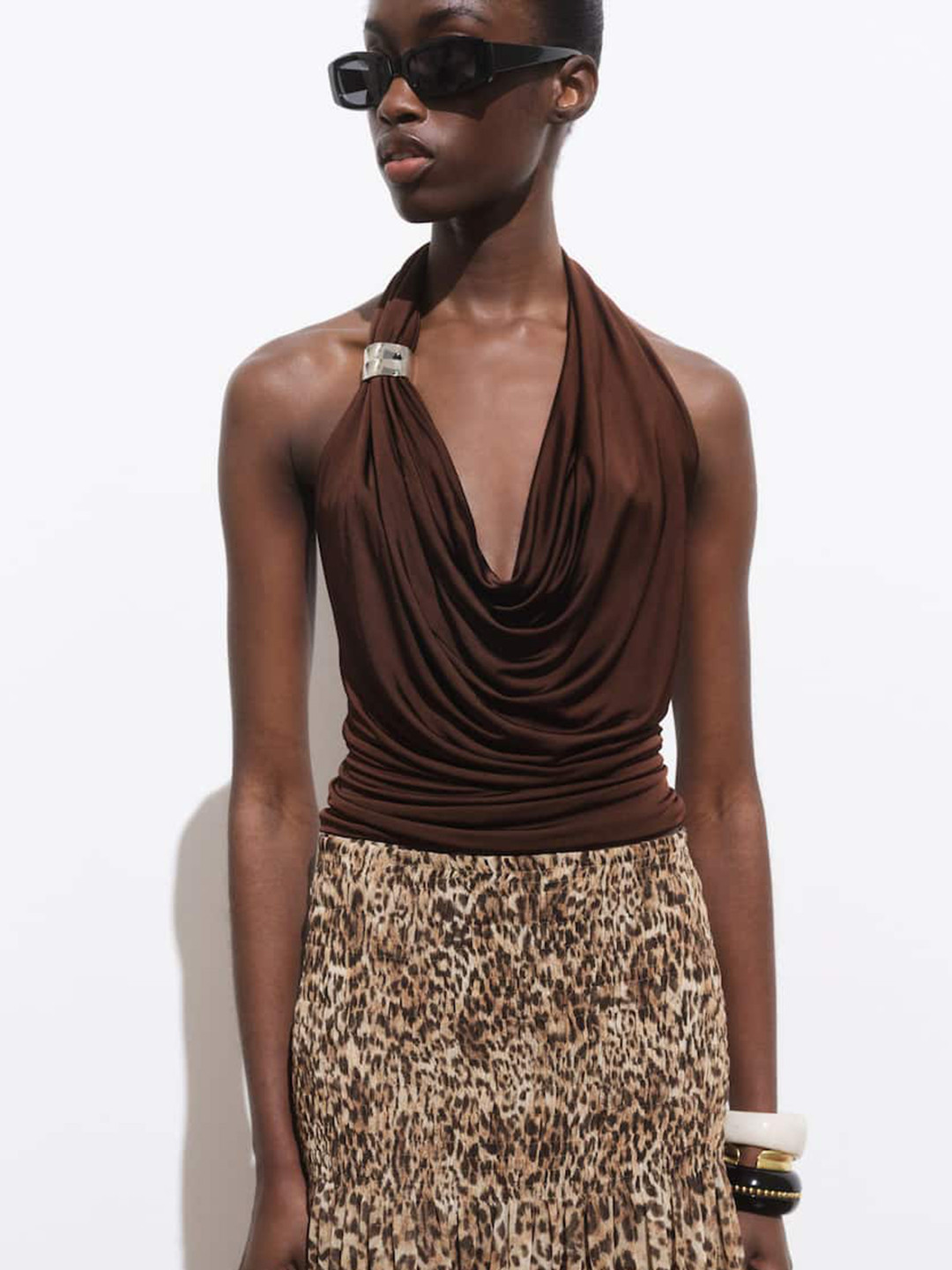 MANGO Metallic Halter Cowl Neck Draped Top