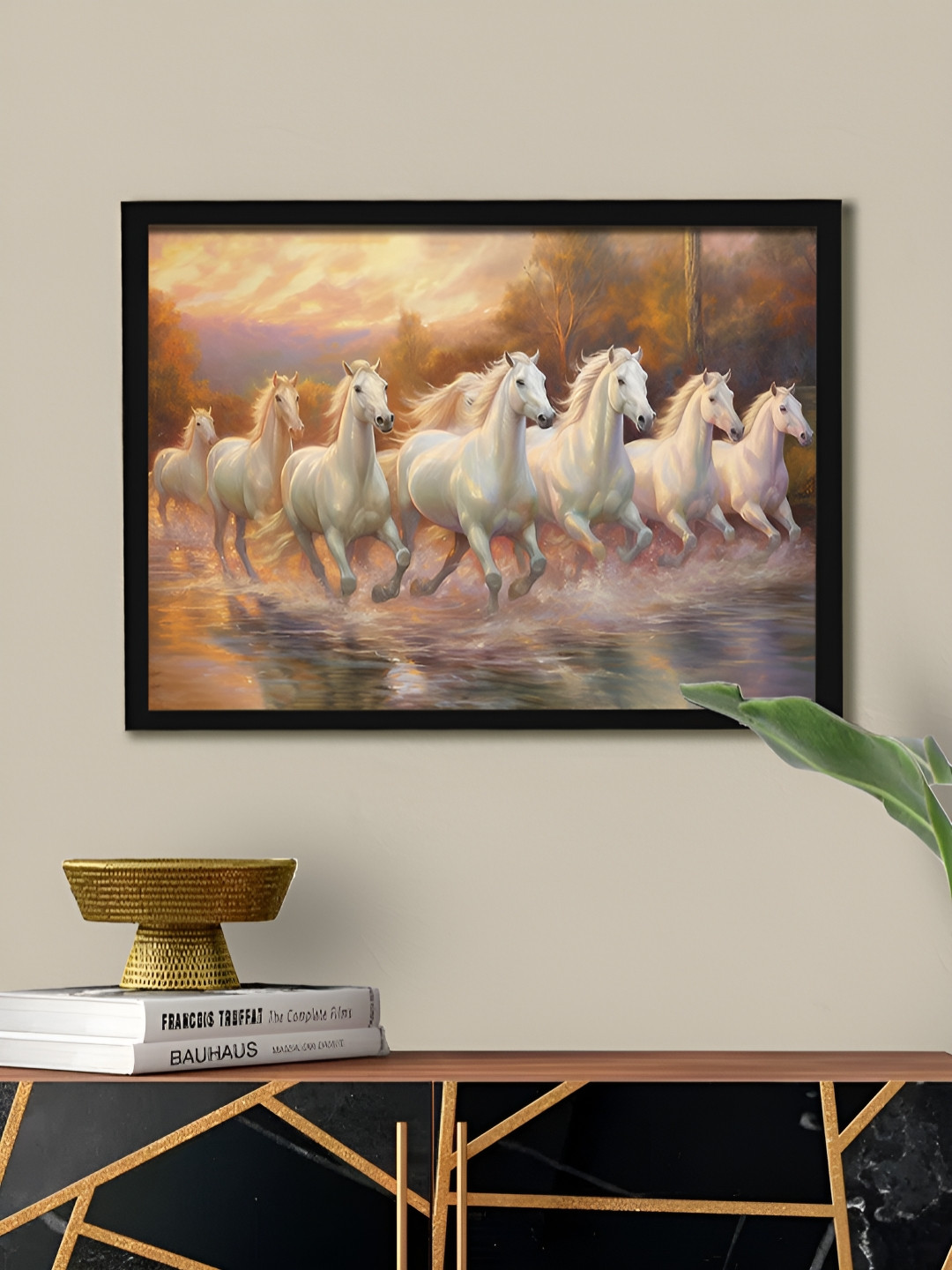 Art Street Seven White Running Horses Vastu Feng Shui Wall Painting