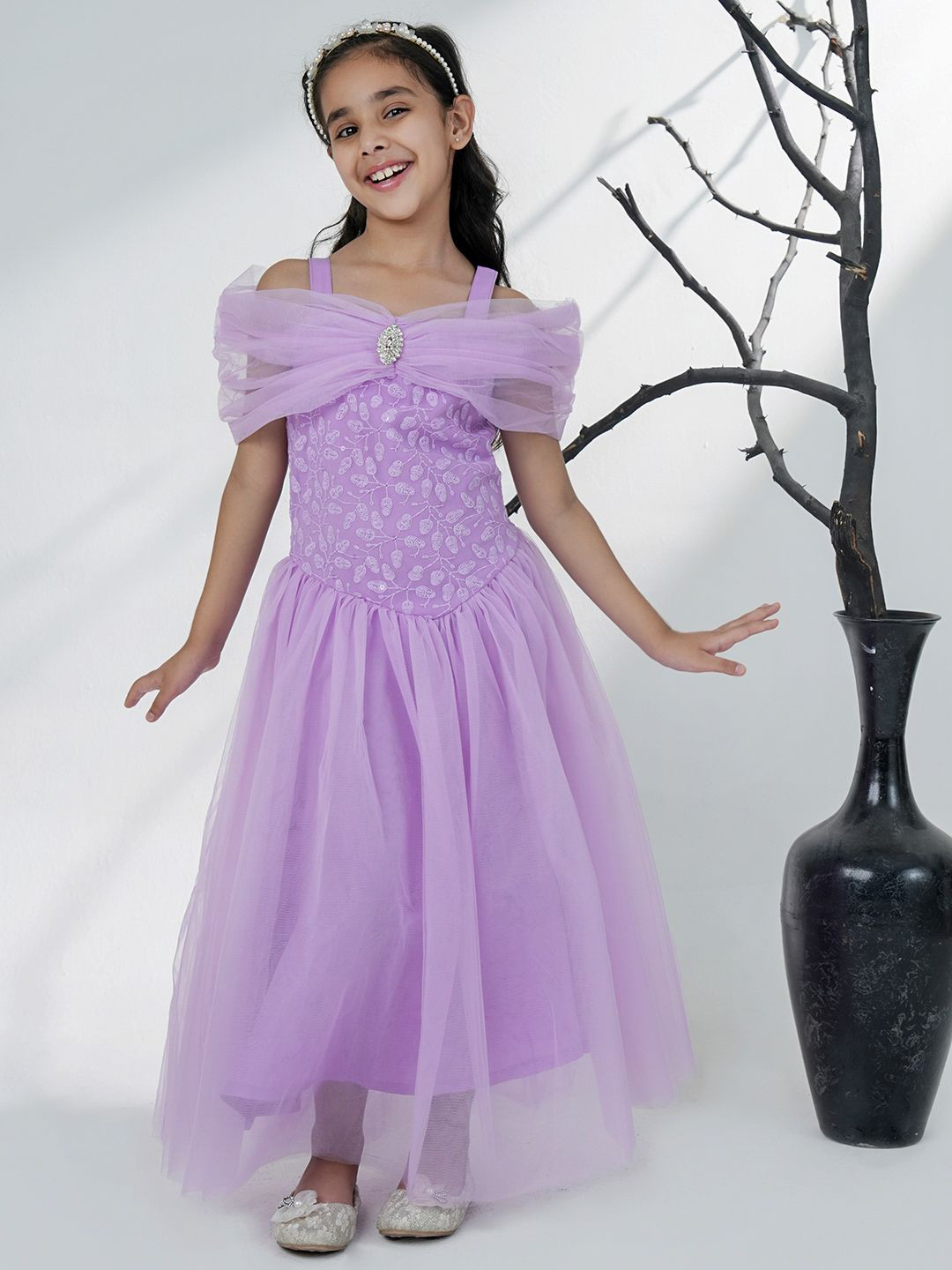 Aj DEZInES Girls Lavender Net Sleeveless Embroidered Gown with Brooch