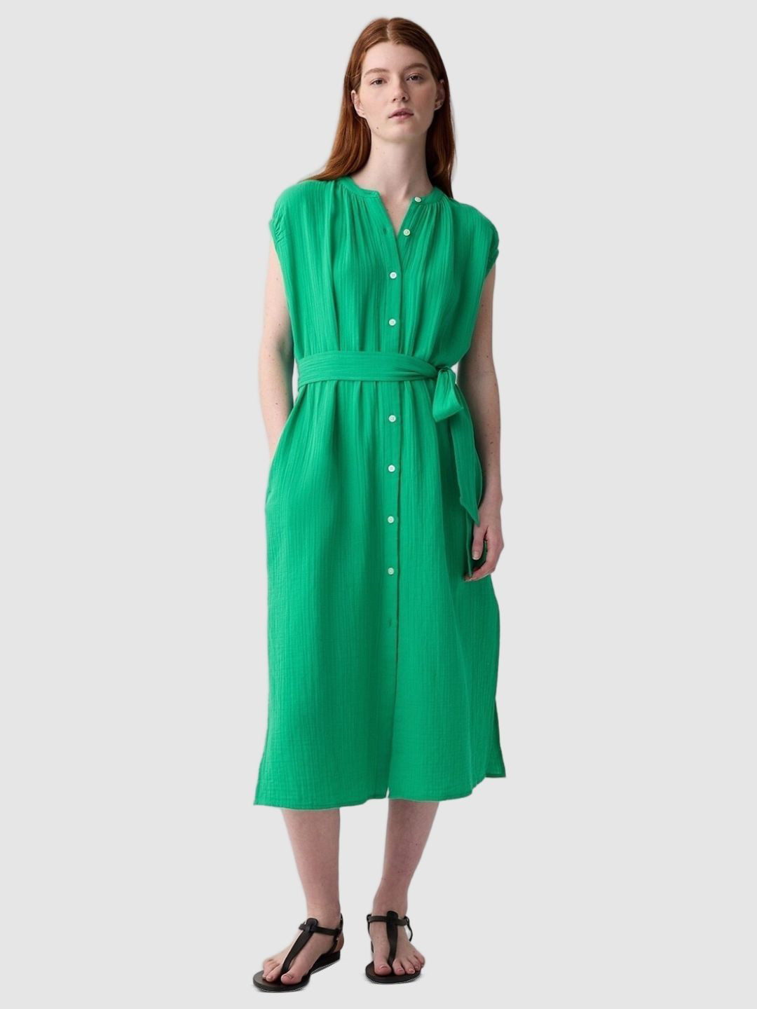 GAP Women Solid Gauze Waist Tie-Up Button-Down Midi Shirt Dress