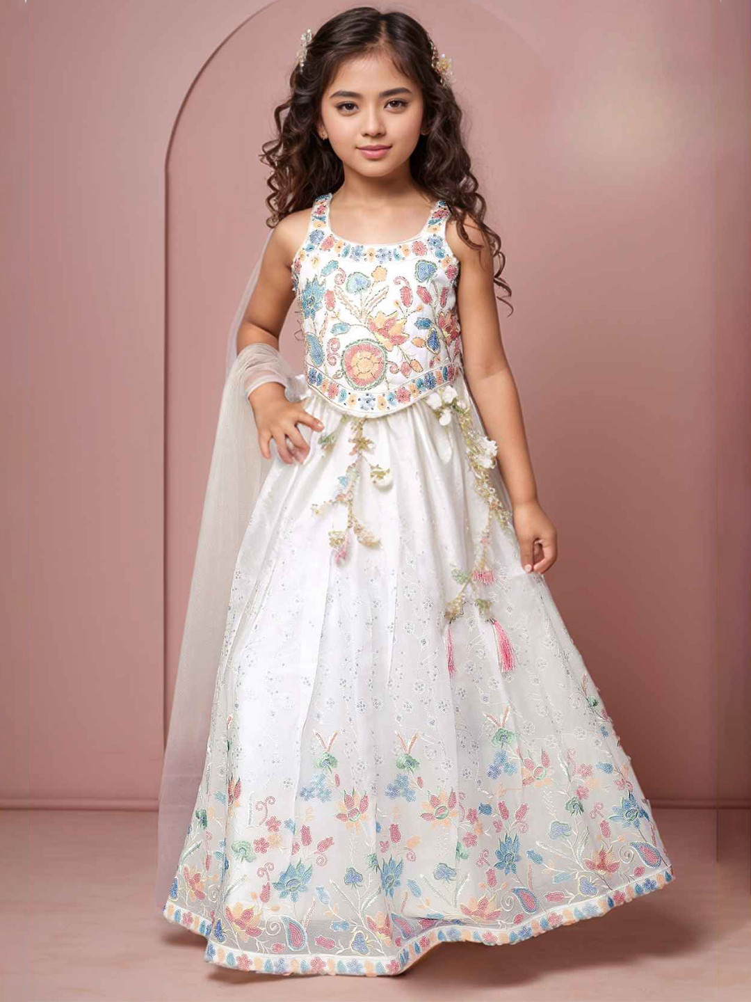 Lagorii Girls Embroidered Sequinned Square Neck Silk Chiffon Ready to Wear Lehenga Choli