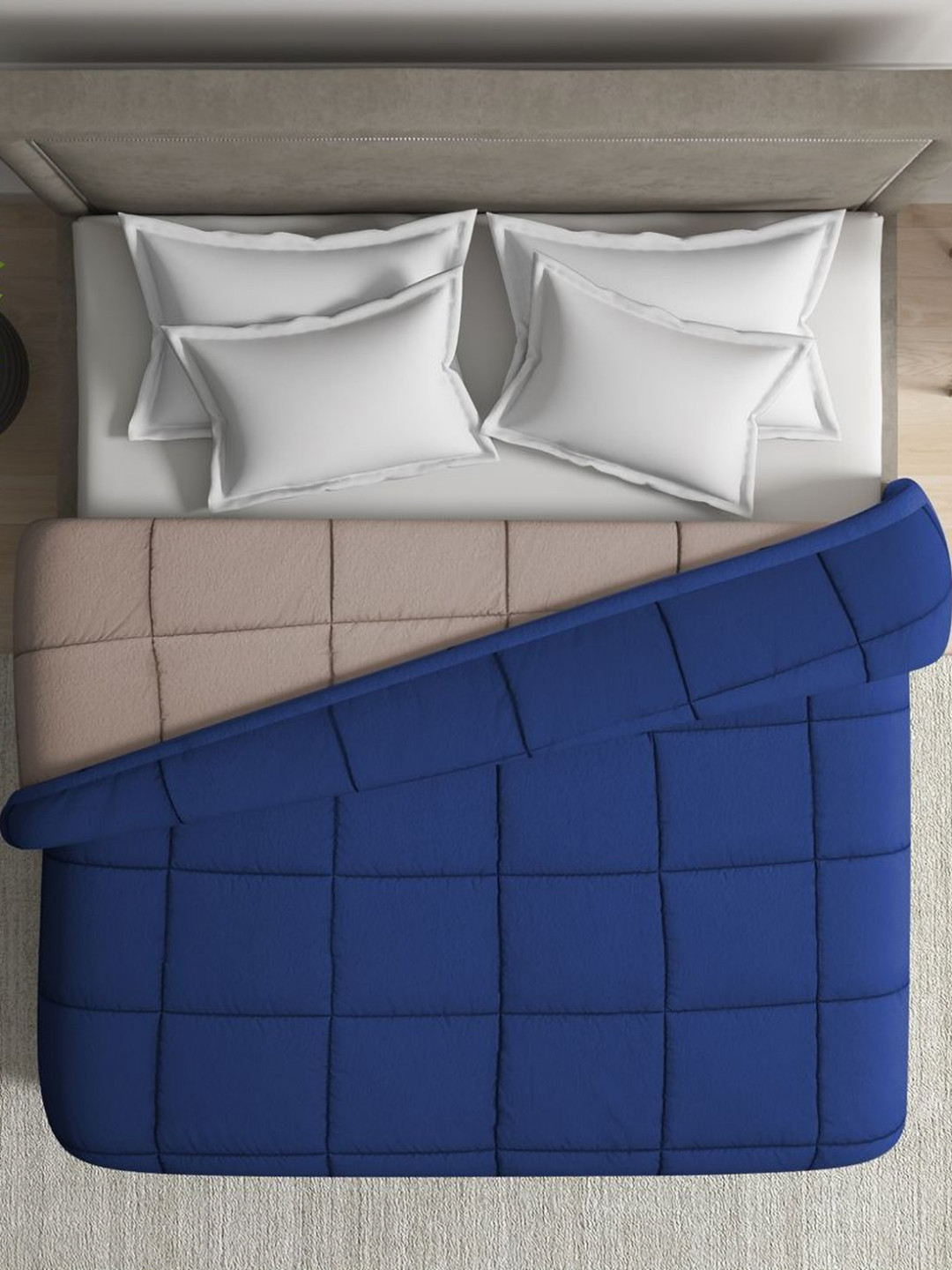 wakefit Navy Blue & Taupe Checked 220 GSM AC Room Cotton Double Bed Comforter