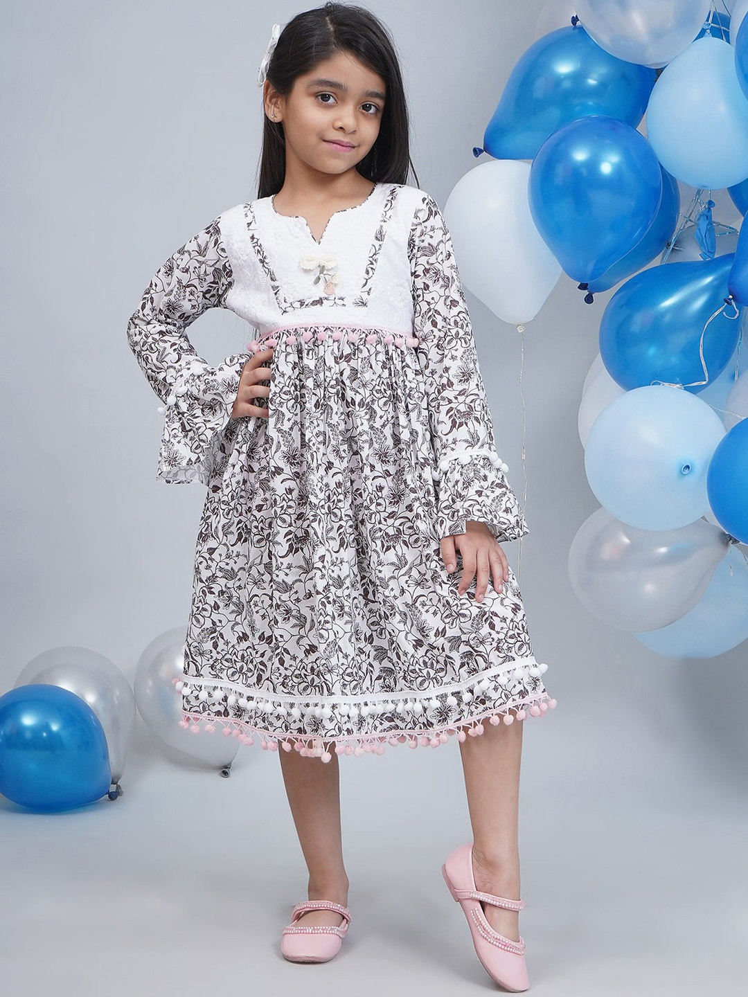 Little Bansi Girls White Cotton Bell Sleeves Floral Charm Printed Frock with Lace Work