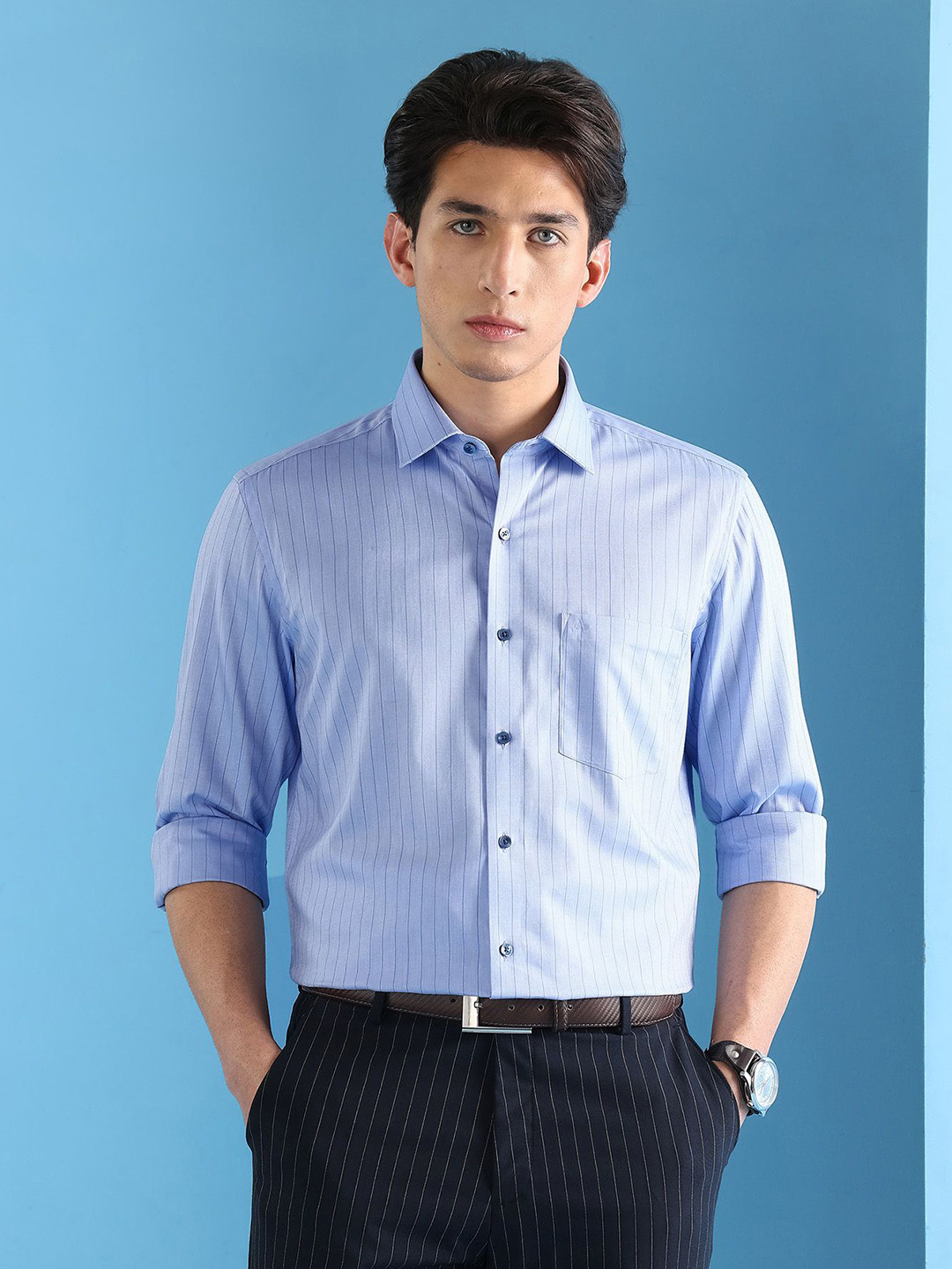 Arrow Velocity Classic Fit Vertical Striped Dobby Weave Pure Cotton Formal Shirt