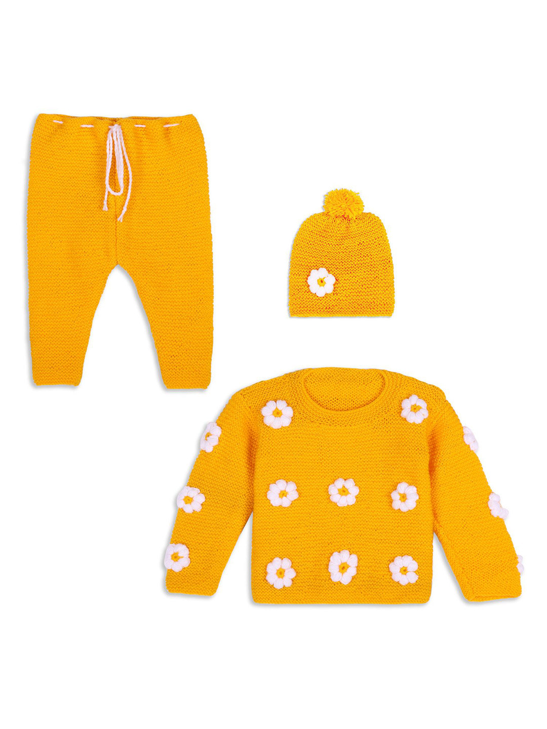 Pinkshierd Floral Self Design Round Neck Sweater With Trouser & Cap