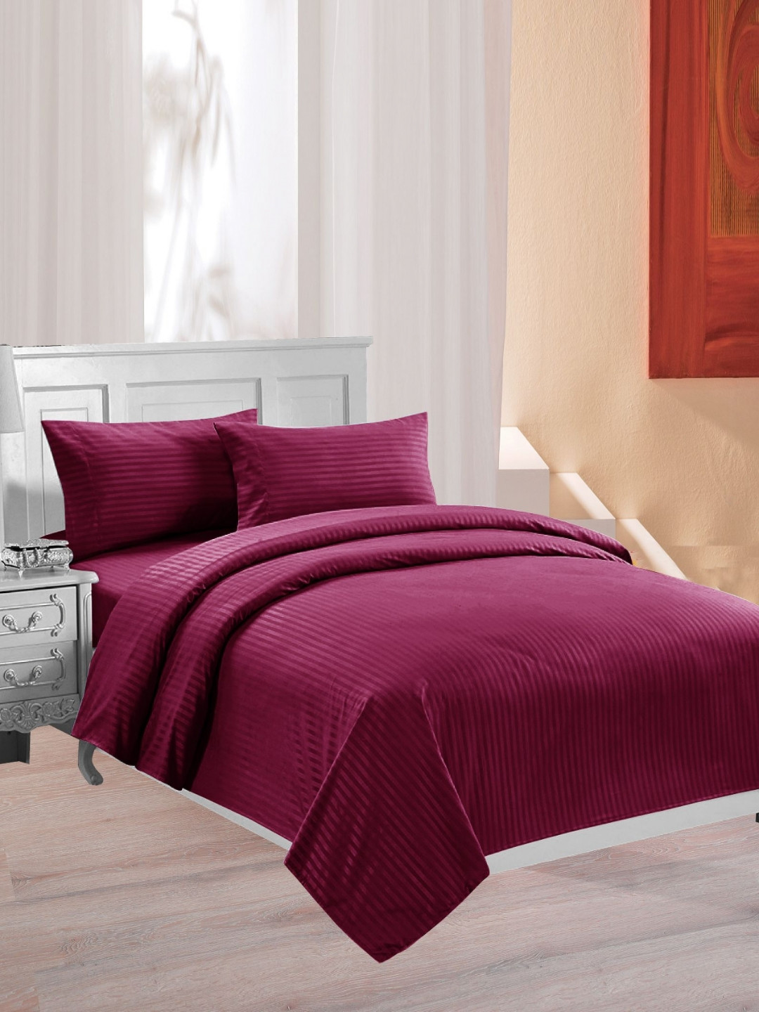 Lali Prints Maroon Striped 250 TC King Bedsheet with 2 Pillow Covers