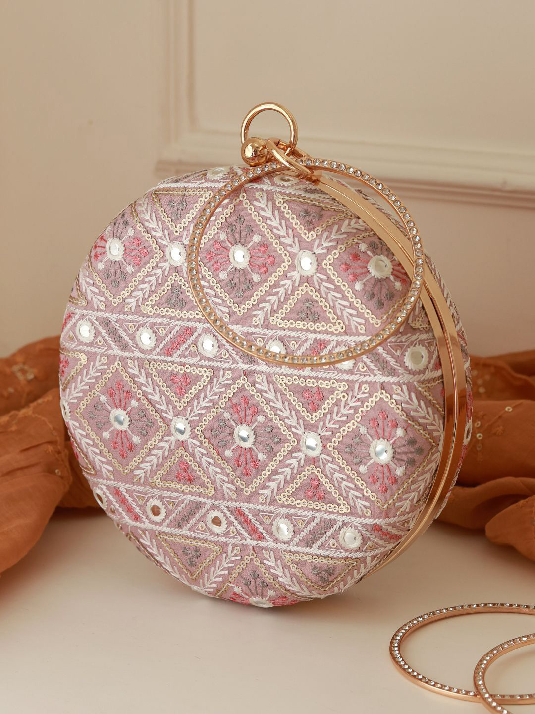 THE TAN CLAN Ariba Embroidered Round  Box Clutch