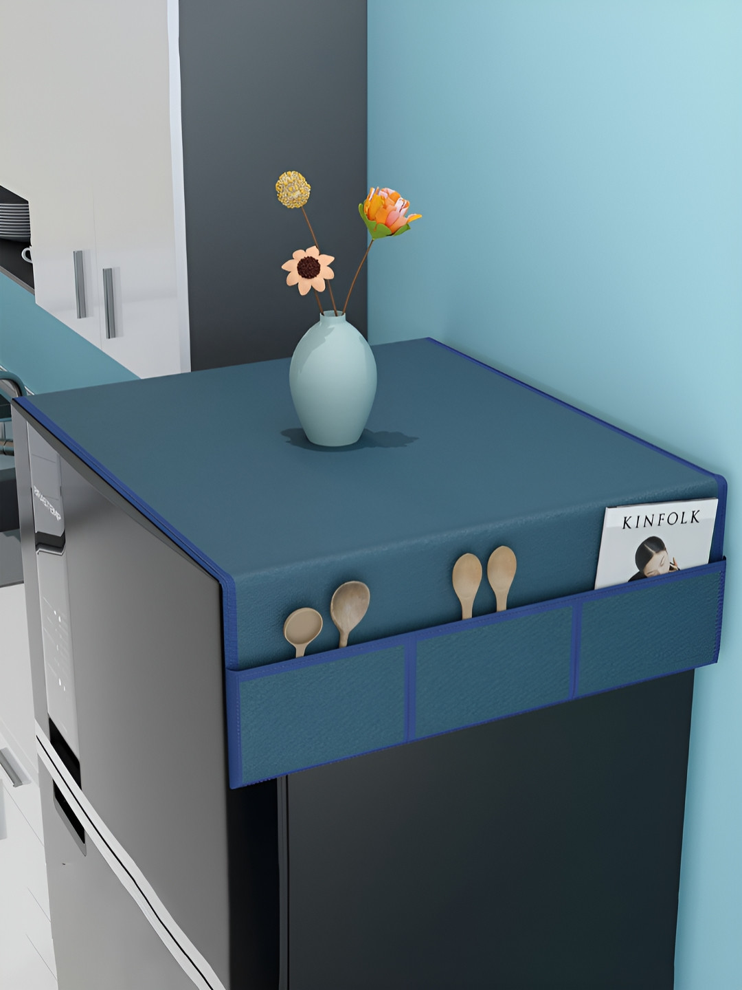 Myntra Elegant Homes Blue Fridge Top Cover With Pocket