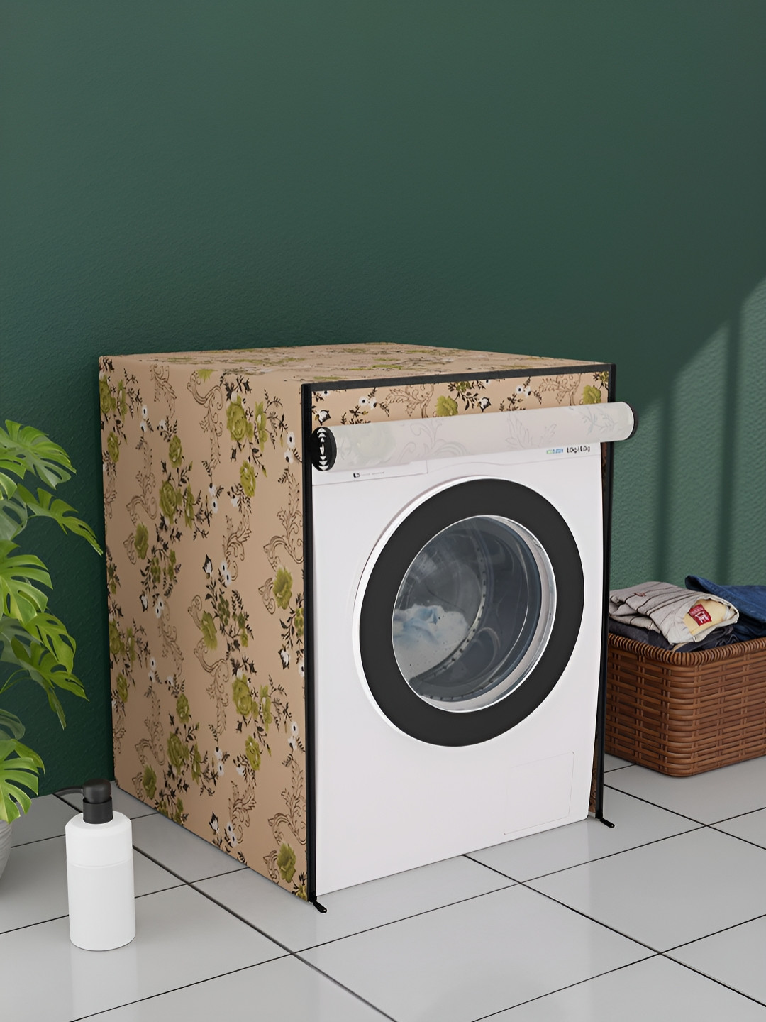 Myntra Elegant Homes Beige & Green Printed Front Loaded Washing Machine Cover