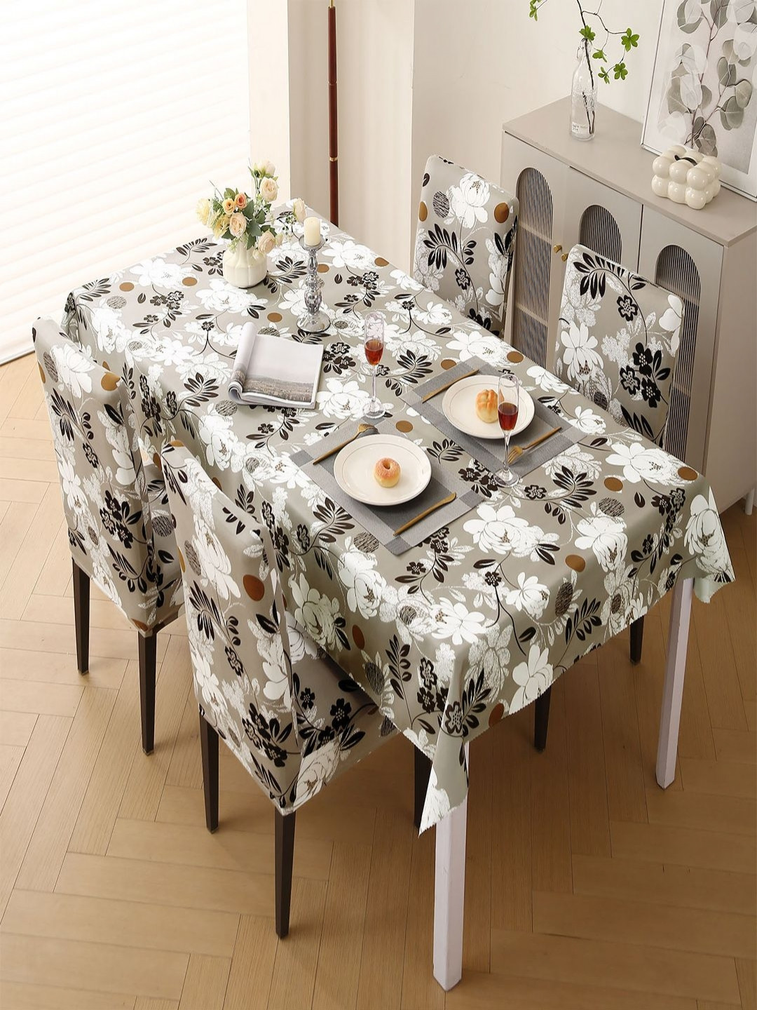HOKIPO Set Of 5 Brown & White Printed  Cover With Matching Tablecloth