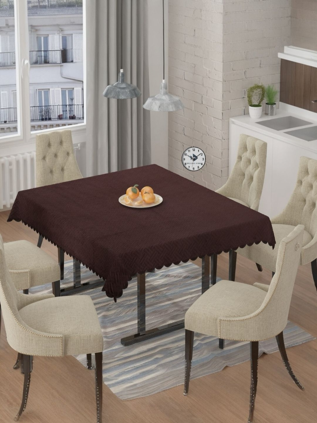 BIGGER FISH Coffee Brown 6-Seater Self Design Quilted Square Velvet Table Cover