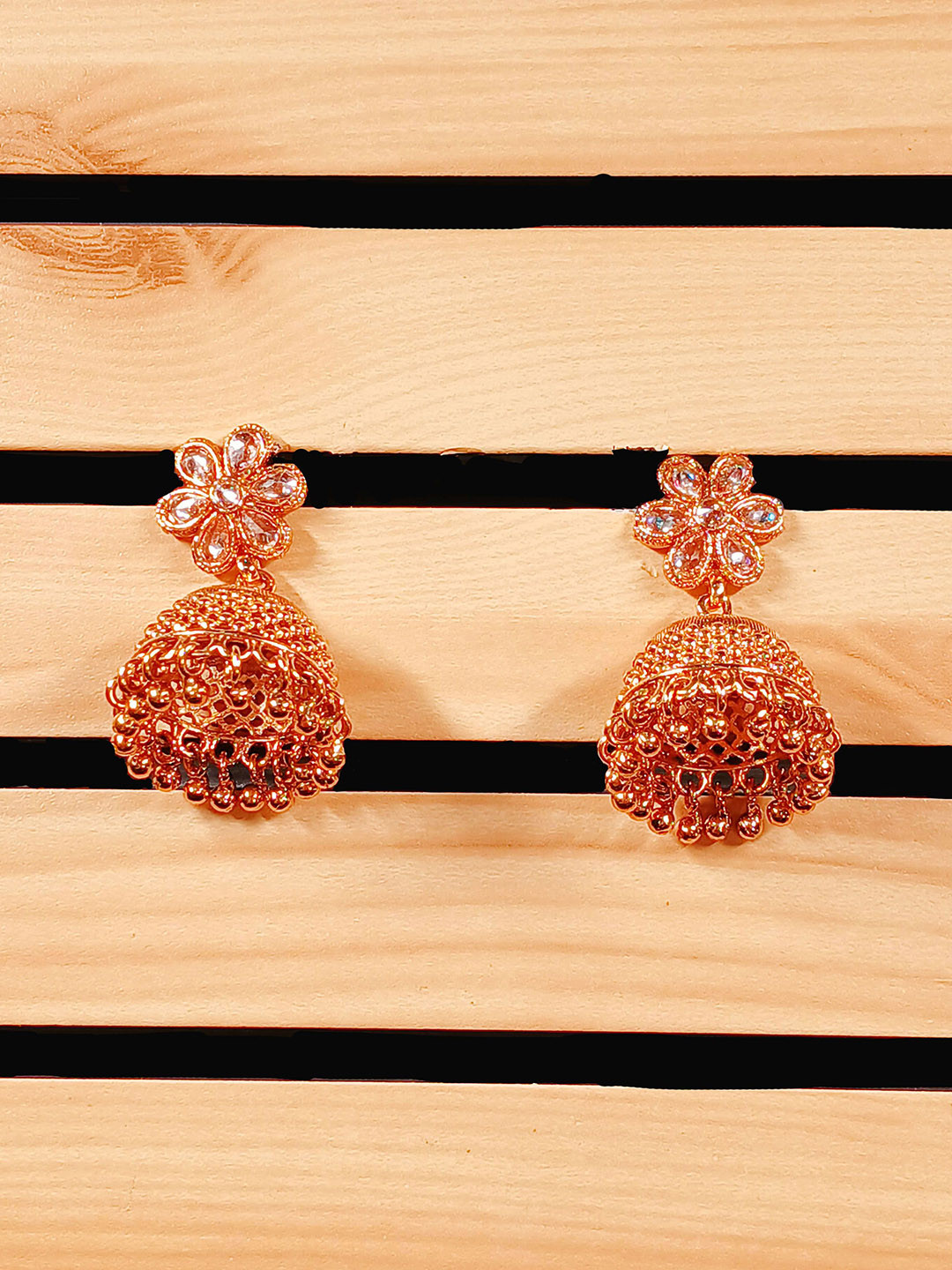 GOLD CASH 22K Gold-Plated Artificial Stones Studded Dome Shaped Jhumkas