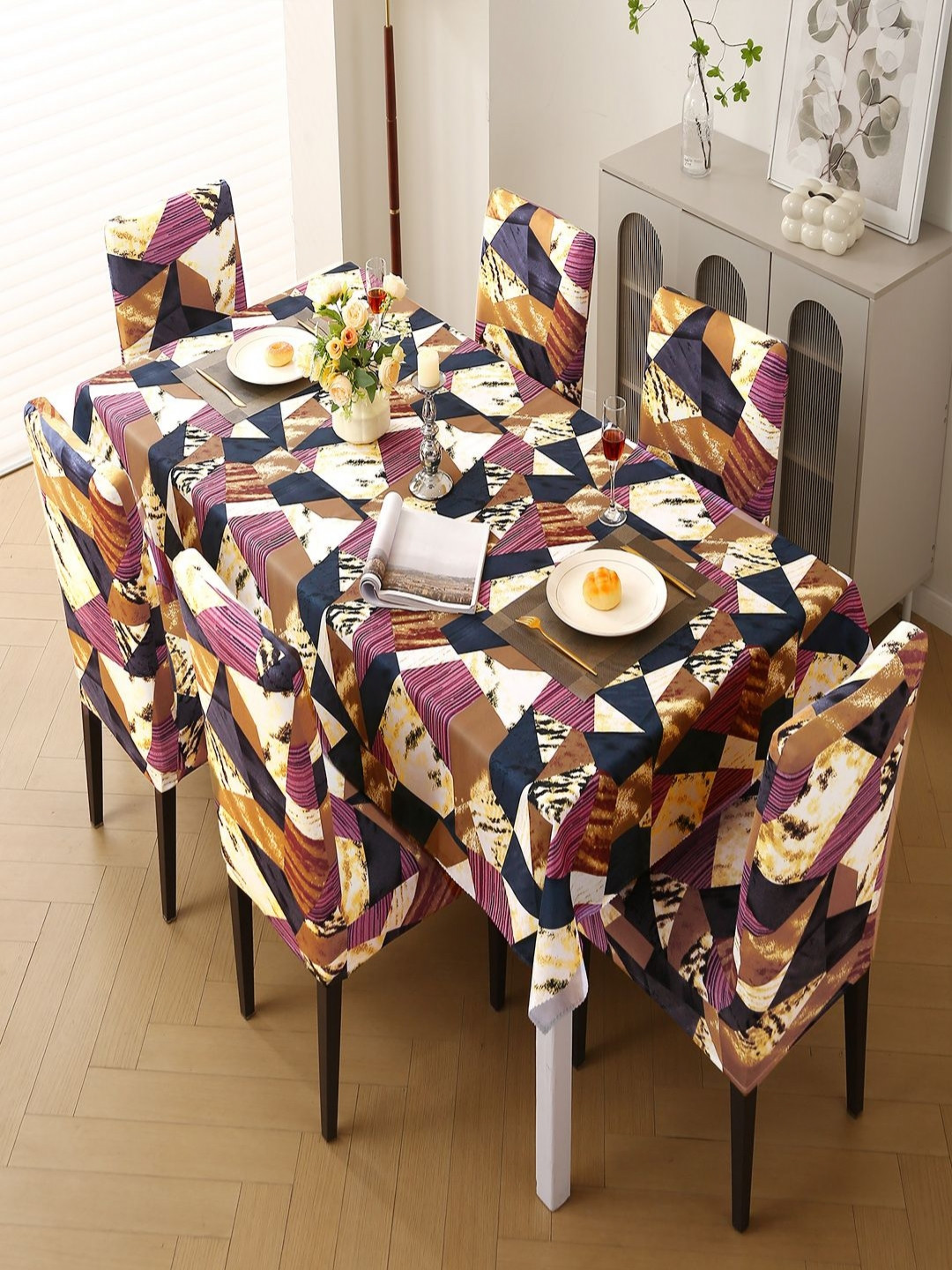 HOKIPO Set Of 6 Burgundy-Colored Printed Stretchable Dinning Chair Covers With Table Cloth