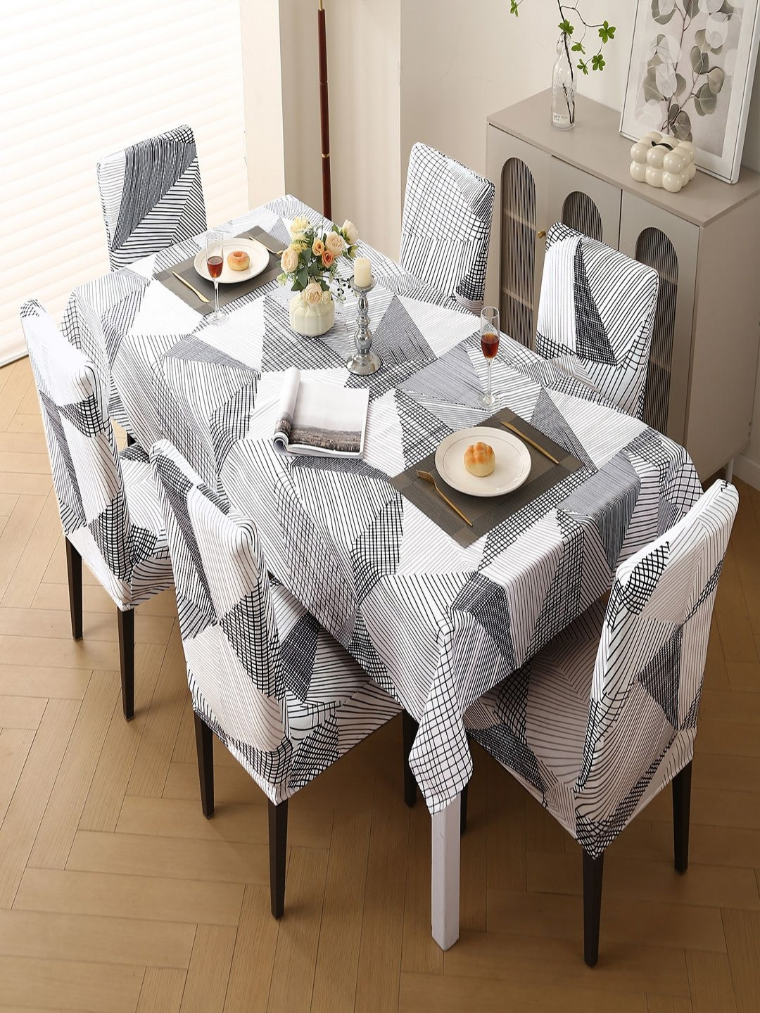 HOKIPO Set of 6 Printed Stretchable Elastic Dining Chair Covers With Matching Tablecloth