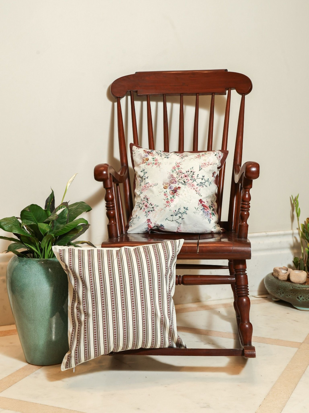 Sangria  Petals and Pinstripes White 2 Pieces Cotton Square Cushion Covers