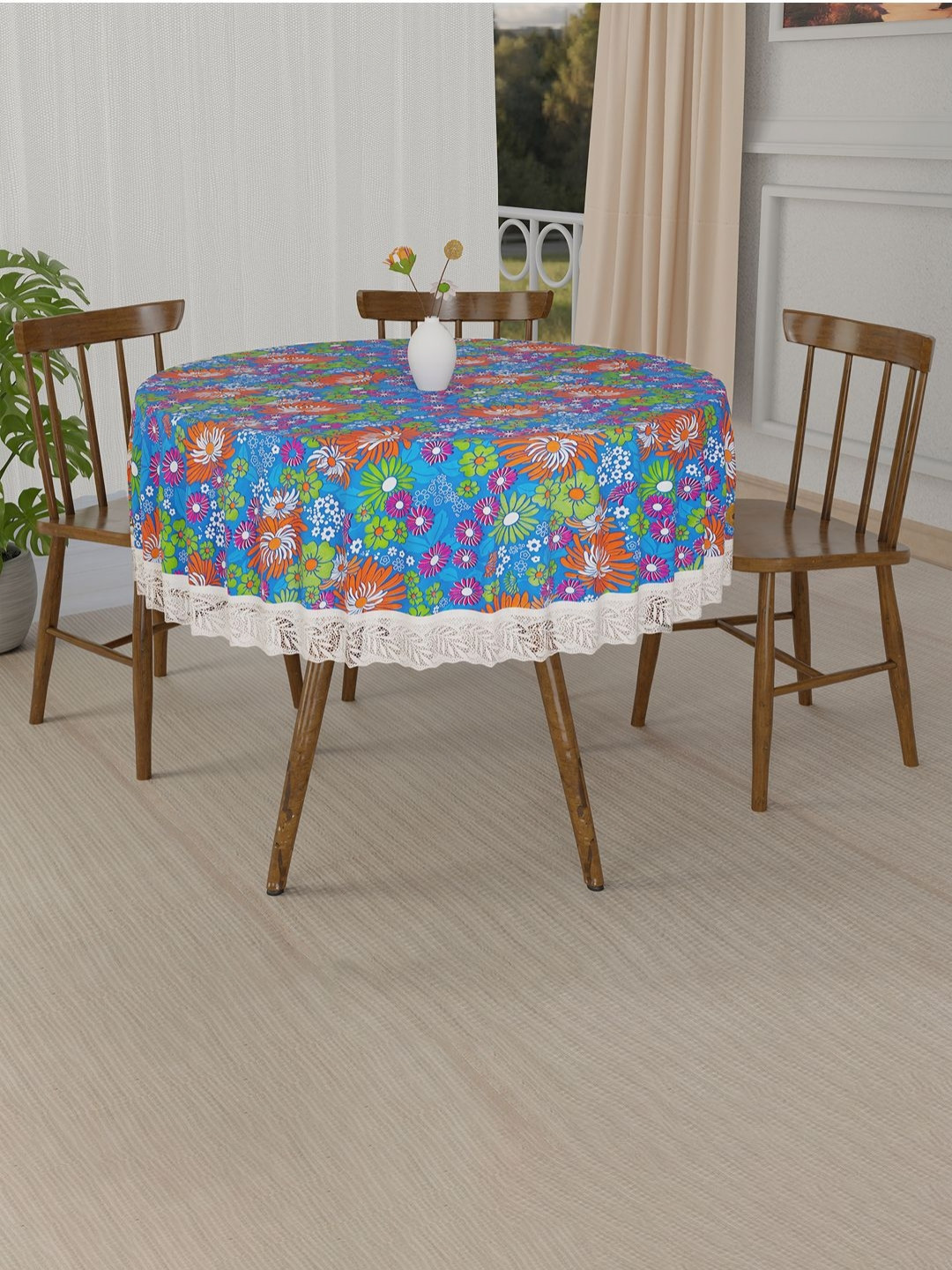 Myntra Elegant Homes Blue Floral Waterproof Round 4-Seater Table Cover