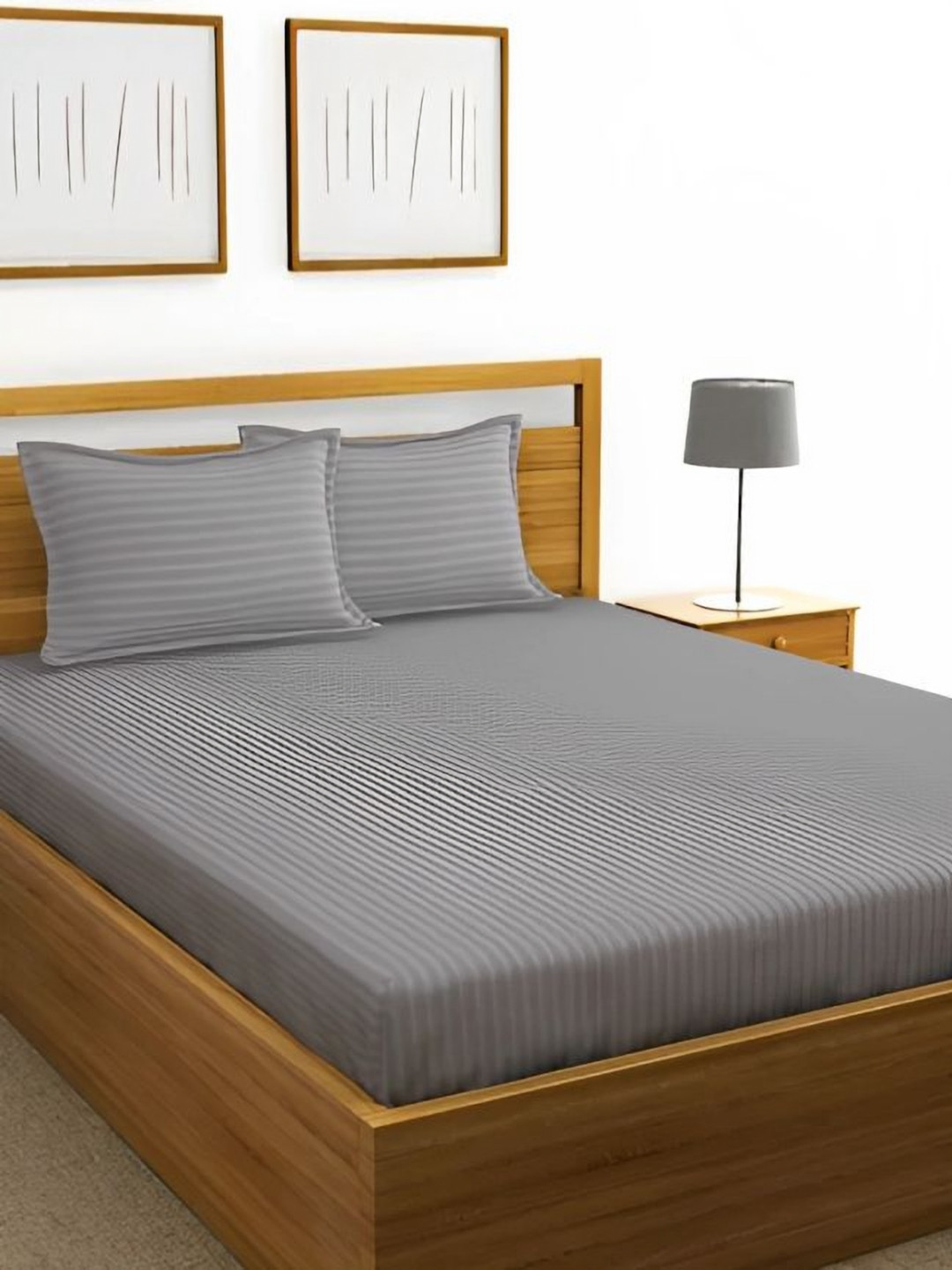 Lali Prints Plain Grey Striped Cotton 250 TC King Bedsheet Set 2.74 m x 2.54 m