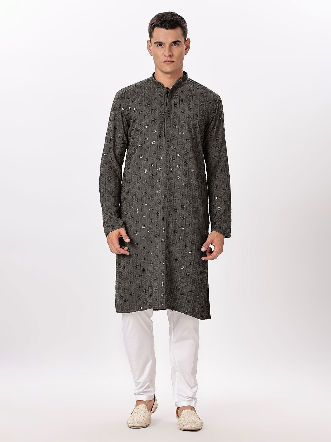 Anouk Men Mandarin Collar Embroidery Thread Work Kurta