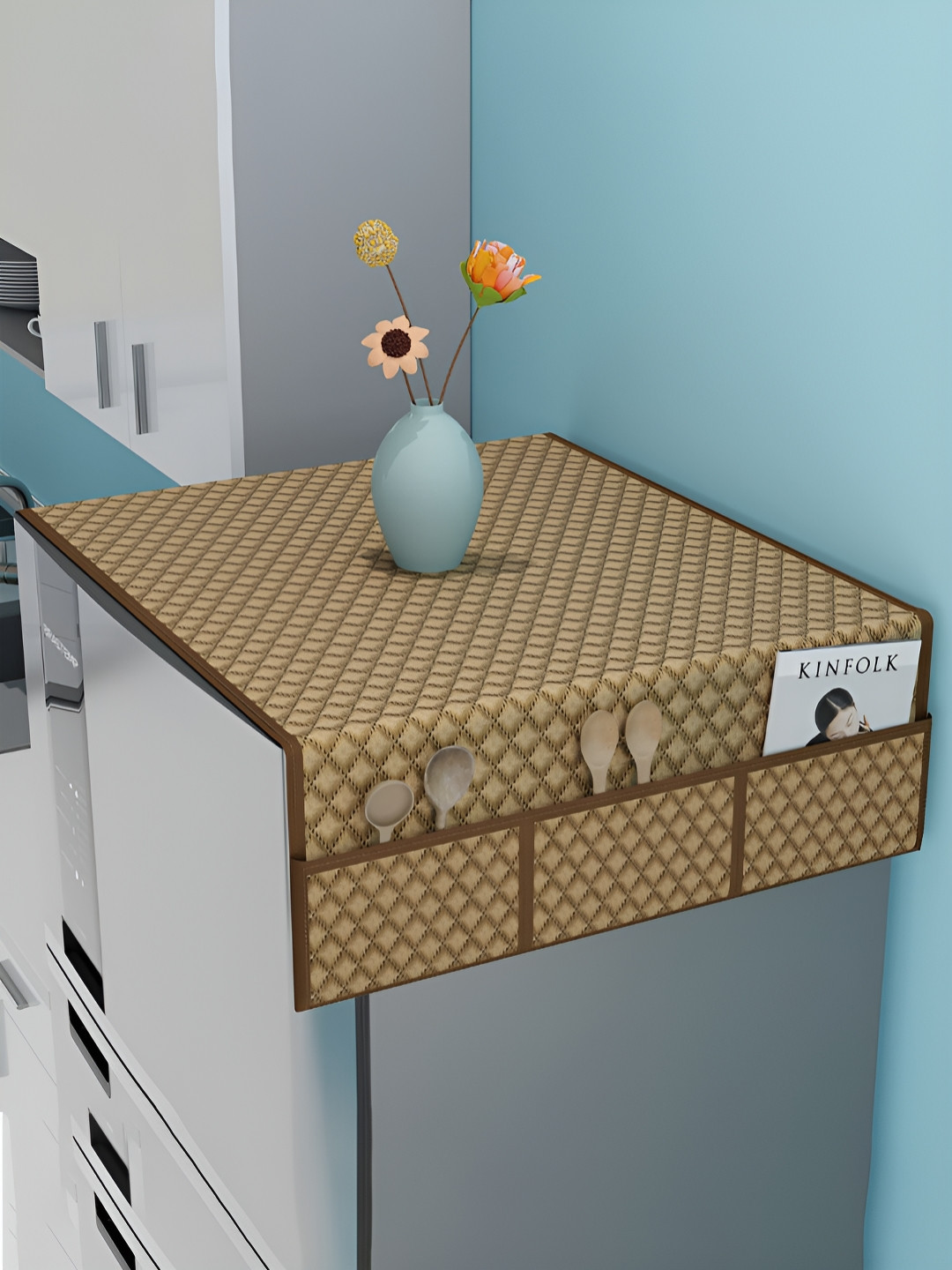 Myntra Elegant Homes Brown Printed Side Pockets Fridge Top Cover