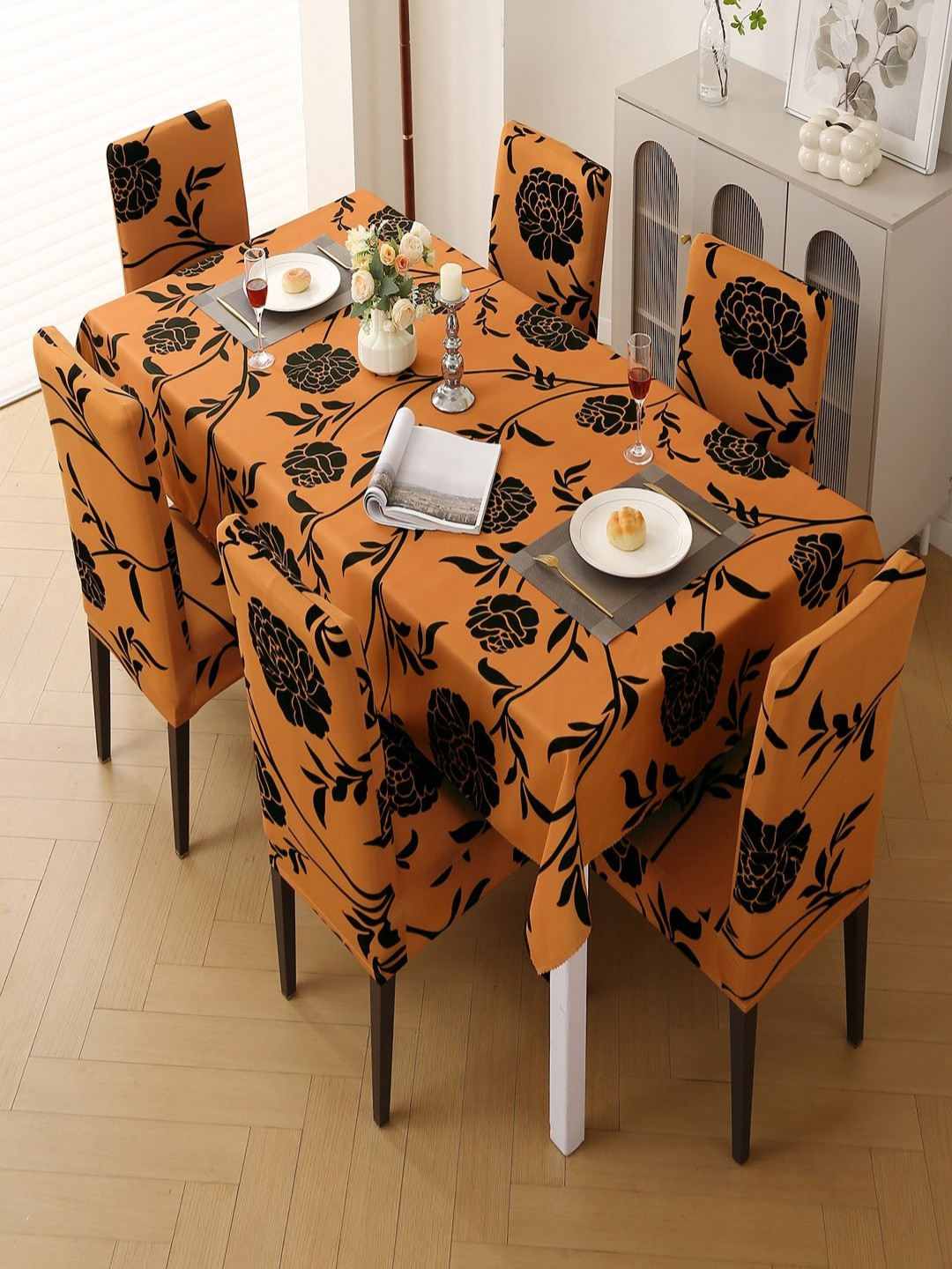 HOKIPO 7Pcs Brown & Black Floral Printed Stretchable Chair Covers With Table Cloth