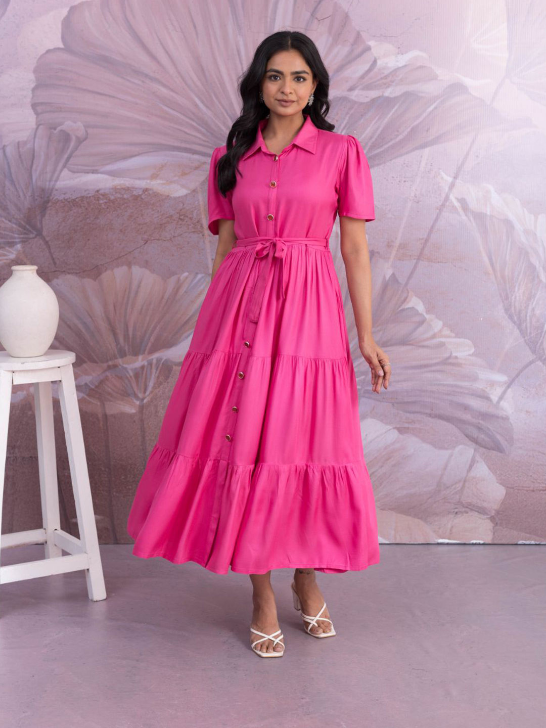 MAAND Women Shirt Collar Short Sleeves Fit and Flare Dress