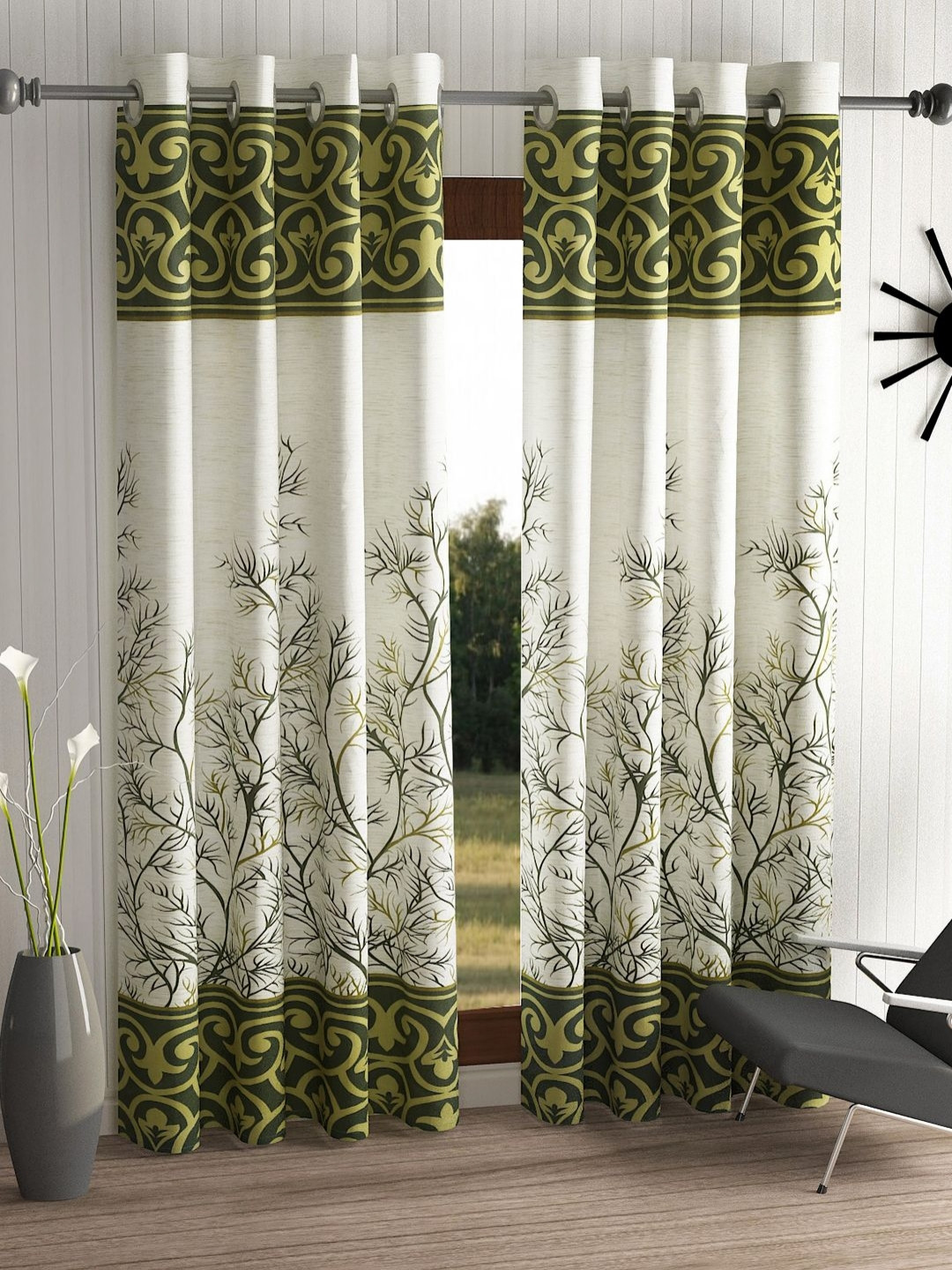 Aura Garden Panel Green & Cream-Coloured 2 Pieces Floral Printed Door Curtains
